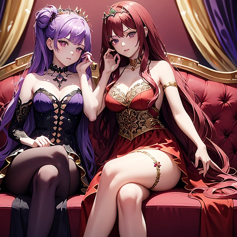 Two queen girls sitting beside each other.
Girl on the left has lavender long hair with a gold crown with purple sapphire gemstone and a lavender gown with a fancy purple high heels. The Girl on the right has Red slight wavy long hair with a red crown with ruby gemstones and a Red sexy gown with a stocking and Black stilettos.