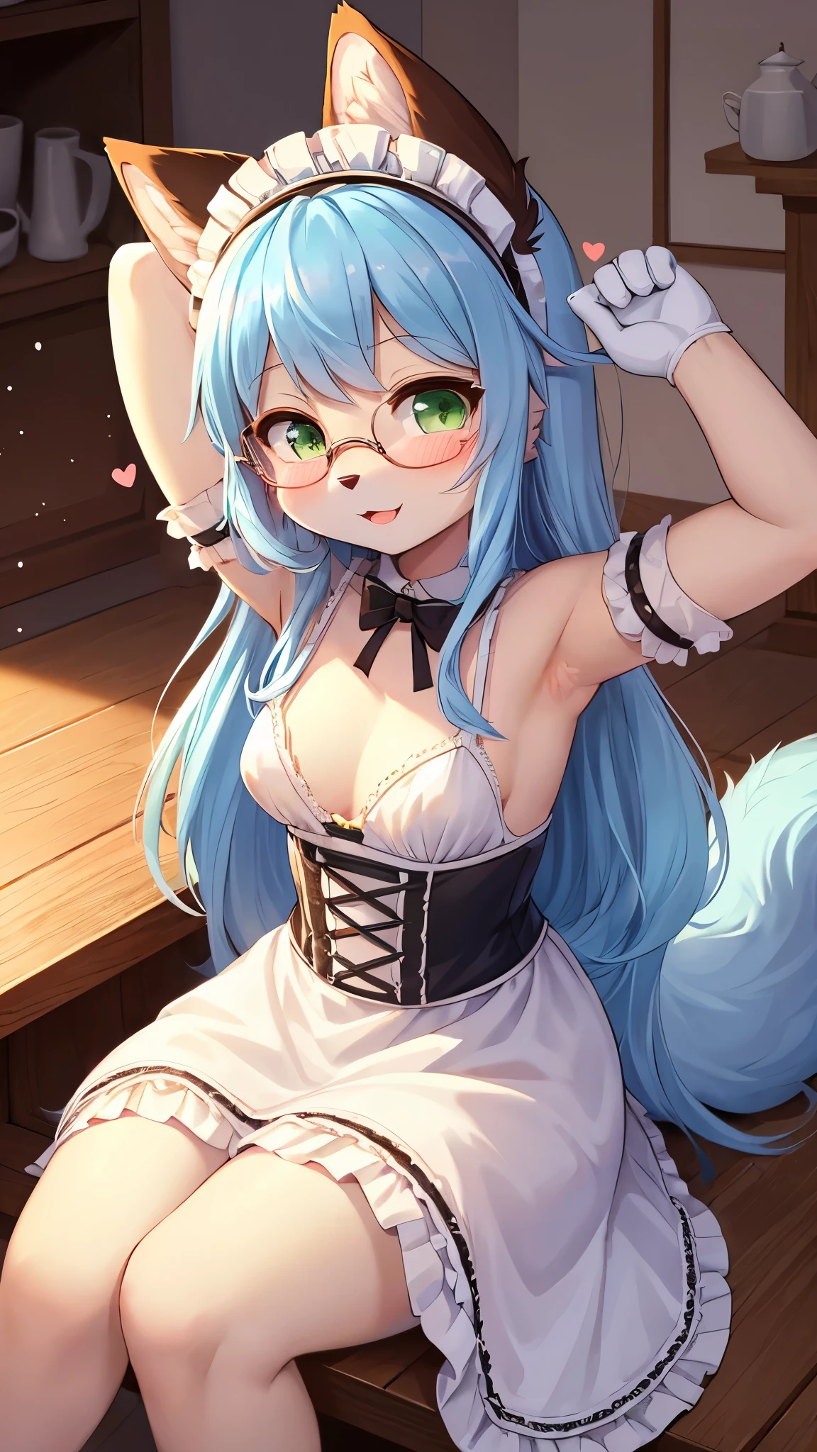 best quality,best resolution,(fluffy anthro furry :1.6),(young :1.6),cat girl,small breasts,light blue hair,long hair,wavy hair,curvy hair,beige fur,green eyes,glistering eyes,sparkle eyes,huge circle glasses,maid outfit,maid headdress,maid gloves,ruffles,beautiful coffee cafe,white ligth,steam from coffee making machine,looking at viewer,full face blush,desire face,heart eyes,heart expression eyes,sitting,show armpits to viewer,