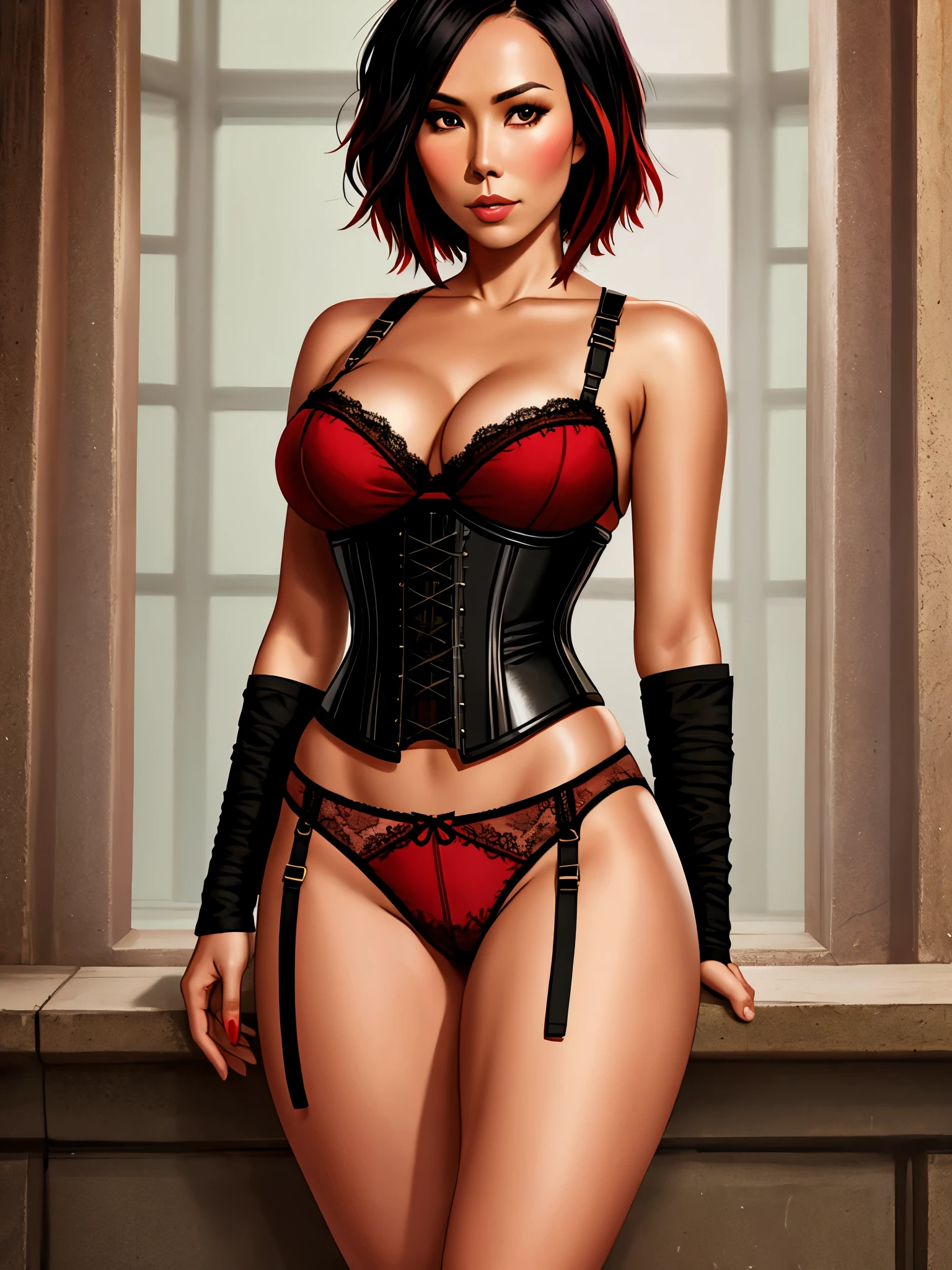 Lexa Doig, corset, lace panties, short bobcut black hair with red streaks