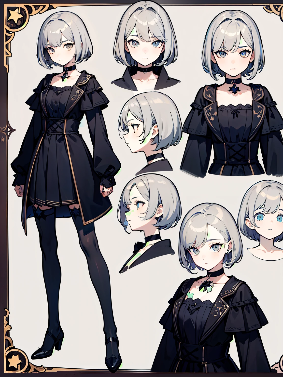 ((Masterpiece, Highest quality)), Detailed face, character sheets, full bodyesbian, Full of details, Multiple poses and expressions, Highly detailed, Depth, Many parts, 1boys , Children all over the body, grey hair,Black pick dye,amber eyes, Stockings, Black choker, The eye, Star (symbol), pupils in symbol shapes