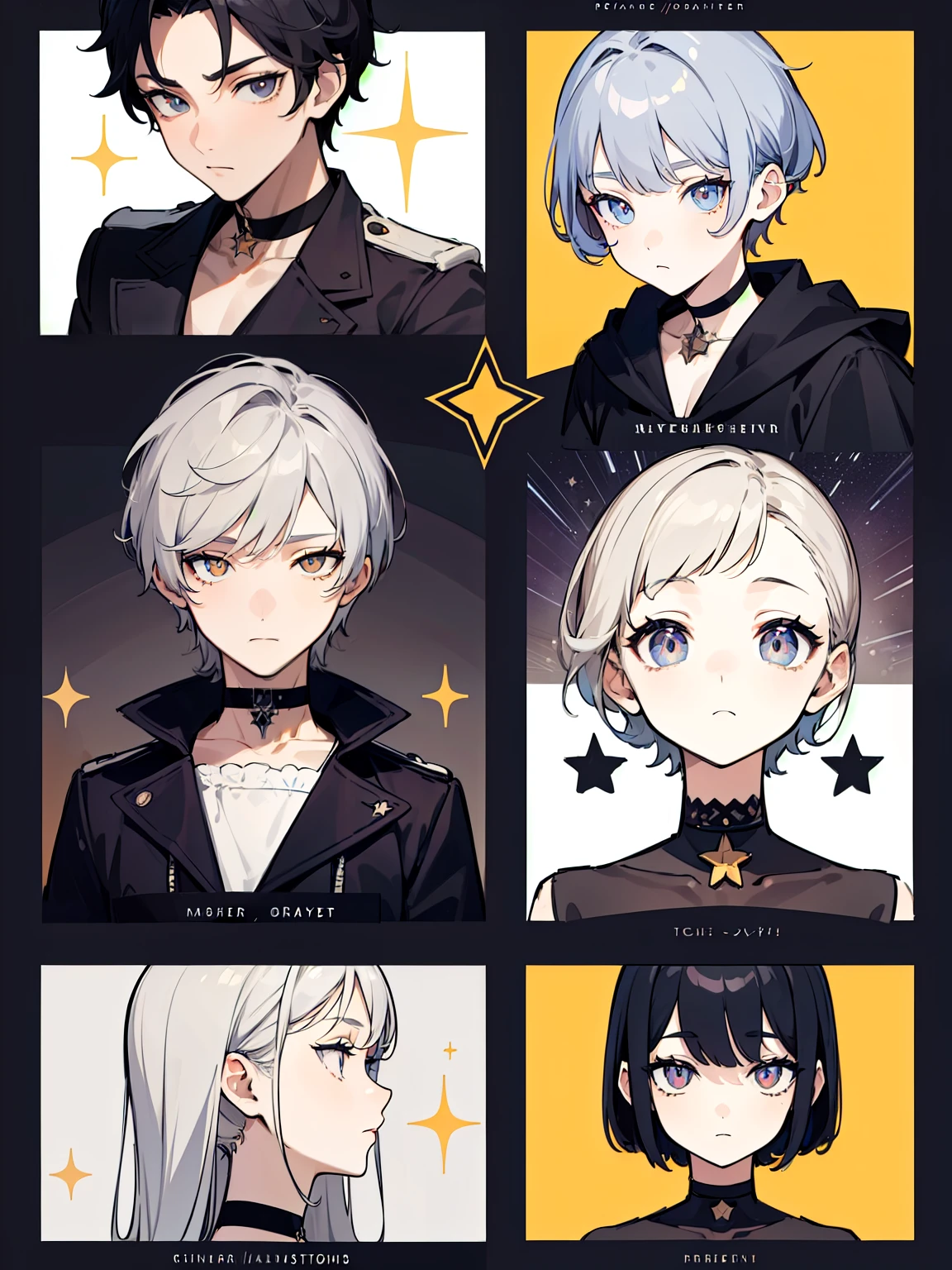 ((Masterpiece, Highest quality)), Detailed face, character sheets, full bodyesbian, Full of details, Multiple poses and expressions, Highly detailed, Depth, Many parts, 1boys , Children all over the body, grey hair，Black pick dye，amber eyes, Stockings, Black choker, The eye, Star (symbol), pupils in symbol shapes