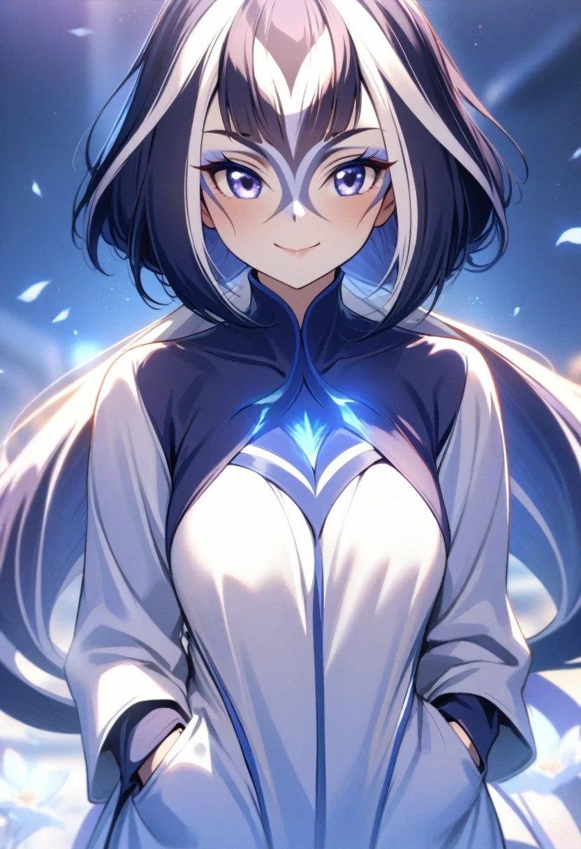 (shylily/(Twich/):1.5),(masterpiece:1.2),(best quality:1.2),, (1girl:1.3),1girl,white dress,hands in pockets, Attention, flower eyes, Beautiful, Cute, Love me with all her heart, View, See me with a warm smile, Perfect hands, Best Quality