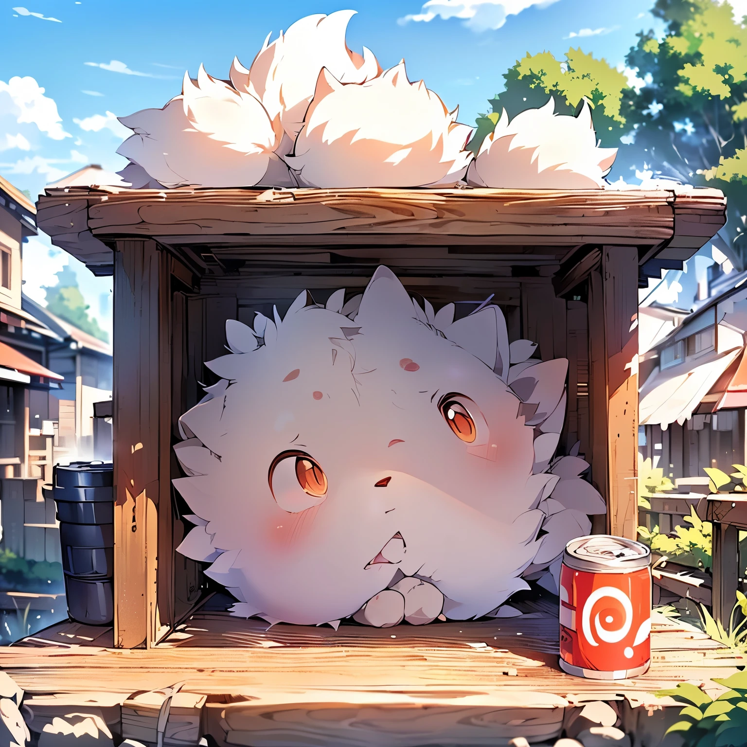 Masterpiece, High quality, Ridiculous resolution, digital painting \ (work of art \), By Dagasi, can, Kiyo-san, (fluffy fur, white fur, full body fur,), boy, blue eyes, white hair, shorts, Barefoot, Bright eyes, Panorama, Focus on character. Detailed background, Cloud Background, twilight, sunset (white panties,shorts, white short sleeve: 1.2)