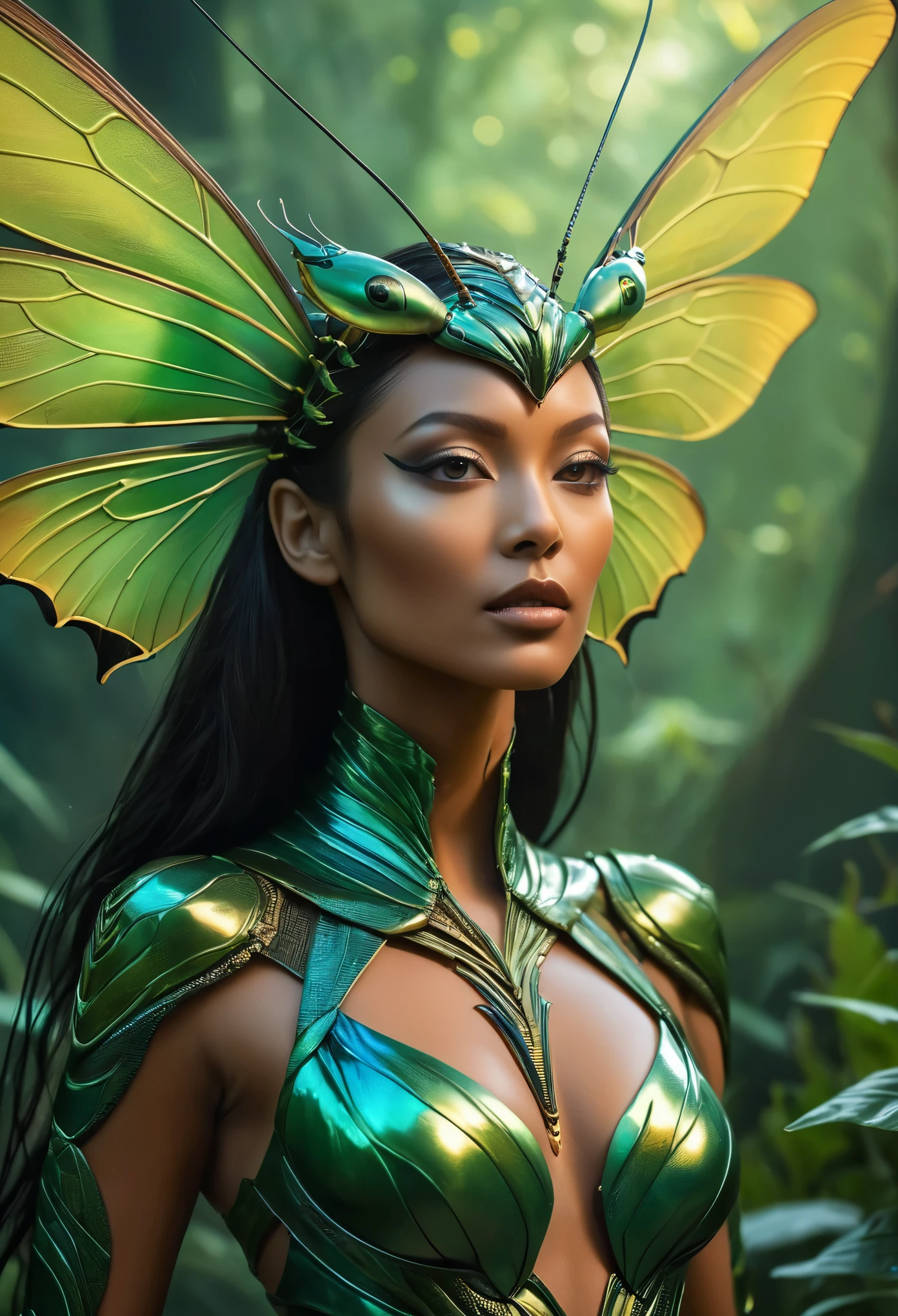 (Best Picture Quality,4K,8K,Hi-Res,Masterpiece:1.2), Ultra-Detailed, (Realistic,Photorealistic,Photorealistic:1.37), In the shadowy depths where the boundaries between human allure and primal instinct blur, the enigmatic hybrid creature known as the "Mantisiren" prowls, an unsettling blend of feminine allure and predatory prowess.
Her form is a mesmerizing fusion of human elegance and mantis ferocity. From the waist up, she possesses the seductive curves of a woman, her figure adorned with smooth, dusky skin that seems to shimmer with an otherworldly glow. Long, flowing locks cascade down her back, a mane of iridescent hues that shift and gleam like the wings of a butterfly.
Yet, as one's gaze travels downward, the illusion of human beauty gives way to the unmistakable traits of the mantis. Below the waist, her body tapers into a sleek, insectoid abdomen, adorned with delicate segments of chitinous armor that glisten with an ethereal sheen. A pair of slender, yet powerful, mantis-like limbs extend from her sides, each ending in razor-sharp scythes capable of rending flesh with lethal precision.
The Mantisiren's face is a haunting blend of human and insect features, her eyes a mesmerizing kaleidoscope of colors that draw in unsuspecting prey with an irresistible allure. Her lips, full and inviting, part to reveal rows of serrated mandibles, a cruel reminder of the deadly predator that lies beneath her beguiling facade.
As she moves with a sinuous grace, her every gesture exudes an intoxicating allure, drawing in unwitting victims with promises of forbidden pleasures. Yet, beneath the surface lies a primal hunger that can only be sated by the hunt, driving her to pursue her prey with relentless determination.
In the Mantisiren, the beauty of the human form merges with the savage instincts of the mantis, creating a creature of unparalleled allure and danger that embodies the darkest desires of the human psyche.