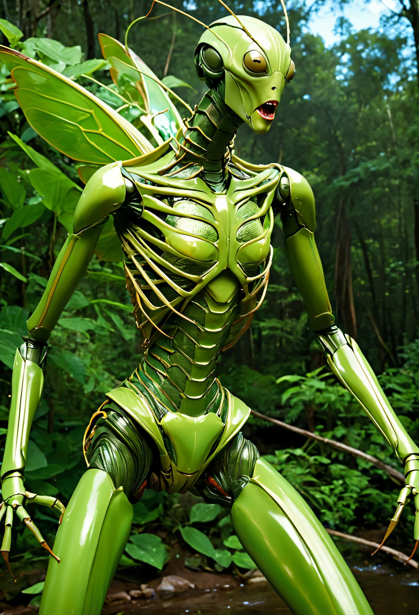 (Best Picture Quality,4K,8K,Hi-Res,Masterpiece:1.2), Ultra-Detailed, (Realistic,Photorealistic,Photorealistic:1.37), In the realm where human ingenuity meets nature's primal ferocity, a hybrid monster known as the "Female Mantihuman" roams. At first glance, the Mantihuman takes the form of a distorted female humanoid, but upon closer inspection, it resembles an insect. Its torso and limbs are adorned with a smooth, iridescent exoskeleton, a seamless fusion of human musculature and mantis-like armor. Beneath its chitin ripples muscularity, giving it strength and agility beyond human limits. The head is a grotesque fusion of human and mantis features, with bulging compound eyes dominating its face, each reflecting the world around it with eerie precision. Sharply serrated mouthparts click and clack, ready to deliver a deadly blow with precision. Mantis-like forelimbs extend from their shoulders with sharp sickles at their tips that can easily slice through steel. These limbs can be folded back into the body when not in use, giving the illusion of normal human arms until the moment of attack. Despite its monstrous appearance, the mantic human's figure still retains a human-like quality. The torso retains the shape of a human chest, albeit covered with a layer of chitinous plating, and the lower limbs resemble those of a human, albeit with a slight angularity reminiscent of the posture of a praying mantis.(NSFW:1.3)