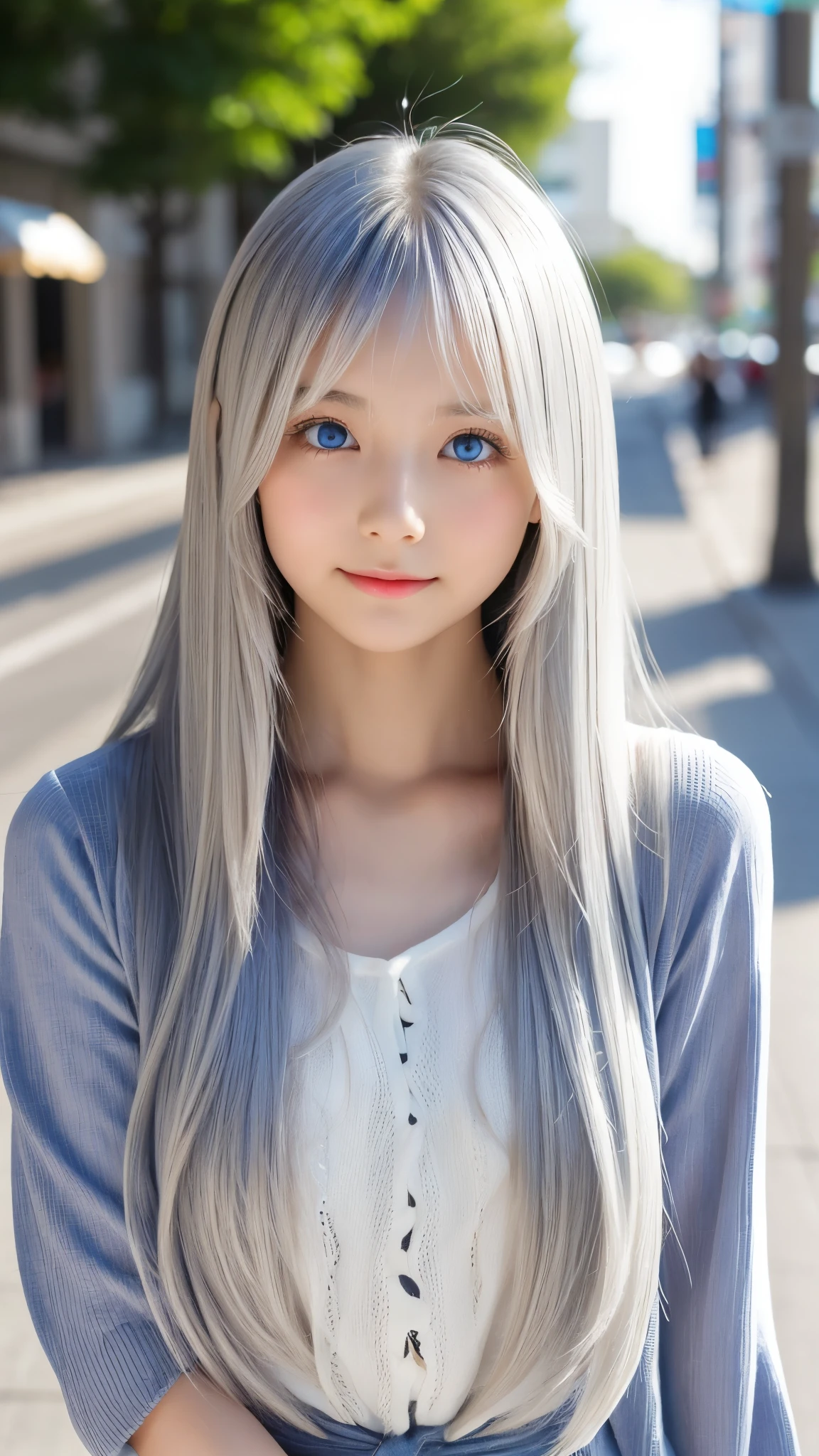 Shining, clear, white skin、Her windblown silver hair hides her beautiful face.、huge、28 years old cute sexy little beautiful face、Beautiful straight hair that stands out、growing up, Sparkling light blue eyes、long silky bangs that cover cute eyes, Sexy and cute young woman with super long hair hiding her sexy face、super long silver hair