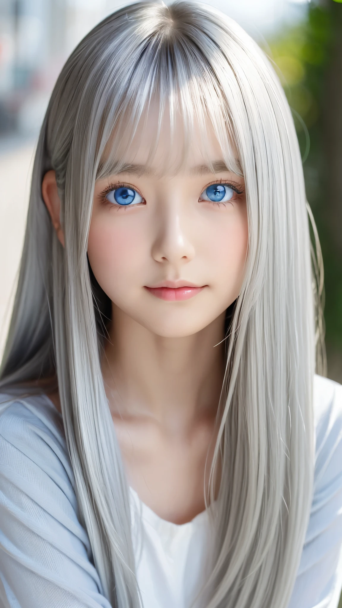 Shining, clear, white skin、Her windblown silver hair hides her beautiful face.、huge、28 years old cute sexy little beautiful face、Beautiful straight hair that stands out、growing up, Sparkling light blue eyes、long silky bangs that cover cute eyes, Sexy and cute young woman with super long hair hiding her sexy face、super long silver hair