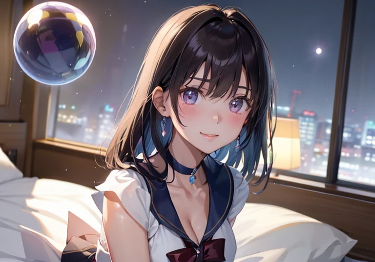 master piece,best quality,ultra detailed,8k,
ambient light,realistic skin,glossy skin,cute,
(sailor_saturn)、Trapped in a crystal ball、
(lie on bed:1.2)、(the body is very wet:1.5)、Glossy lips、Slightly emphasize the lower lip、blush、smile、emphasizing the cleavage、
Fantastic night sky、full moon、Aurora、horizon、Open-air bath、Japanese Inn Futon