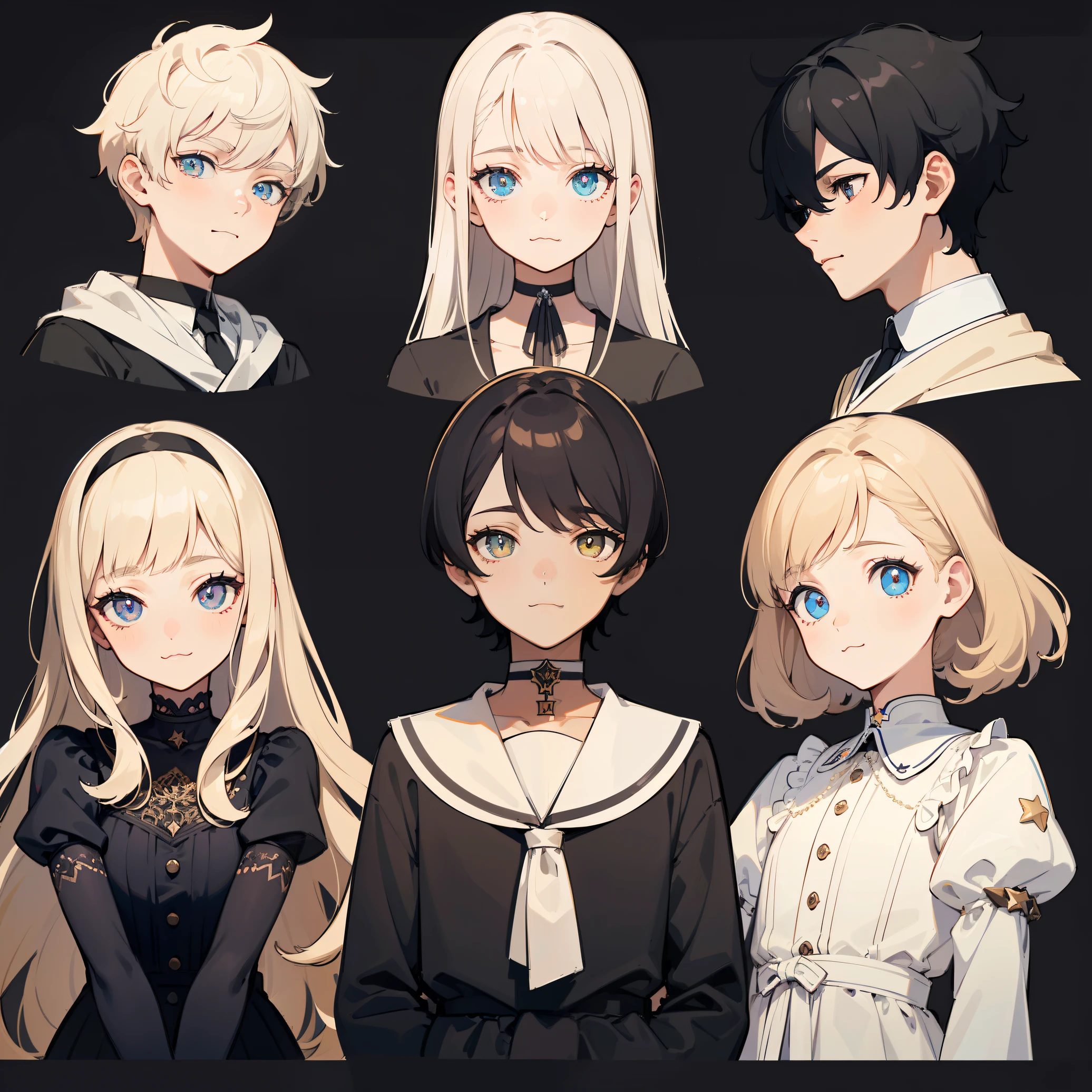 ((Masterpiece, Highest quality)), Detailed face, character sheets, full bodyesbian, Full of details, Multiple poses and expressions, Highly detailed, Depth, Many parts, 1boys , Children all over the body :3, mitts, Stockings, Black choker, The eye, Star (symbol), pupils in symbol shapes