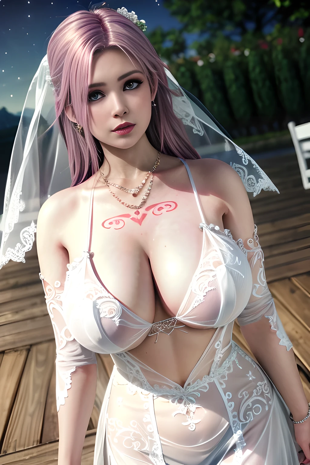 1 girl,lean over WINK,((  Wedding Dress, see-through)), outdoor,elegant,nighttime,moonlighe,shiny skin,( huge breasts:1.1), lip gloss,( tattoos:1.3), masterpiece, best quality, realistic ,Surrealism,natural colors art in 8k,soft shadows,Portrait art,solo,  elise,