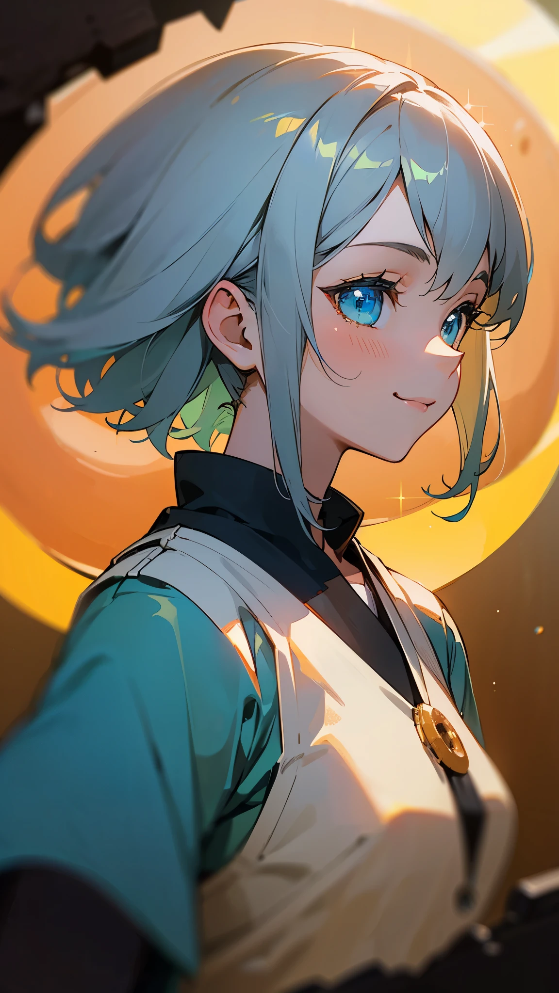 16-year-old girl、Anime style painting、Upper body close-up、smile、From the side, impression, (Oil), Green and orange tones、Silver Hair, (Sparkling blue eyes)、Eat a big donut、Delicate contours、Background blur, The depth of the drawn boundaries