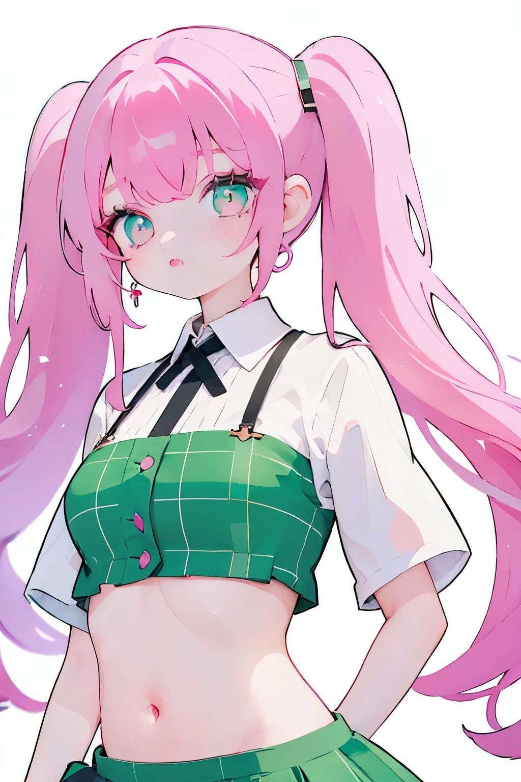 masterpiece, best quality, ultra detailed, 1girl, beautiful girl, long twintail hair, pink hair, green eyes, sharp eyes, bangs, crop top, plaid skirt, white background, long shot.