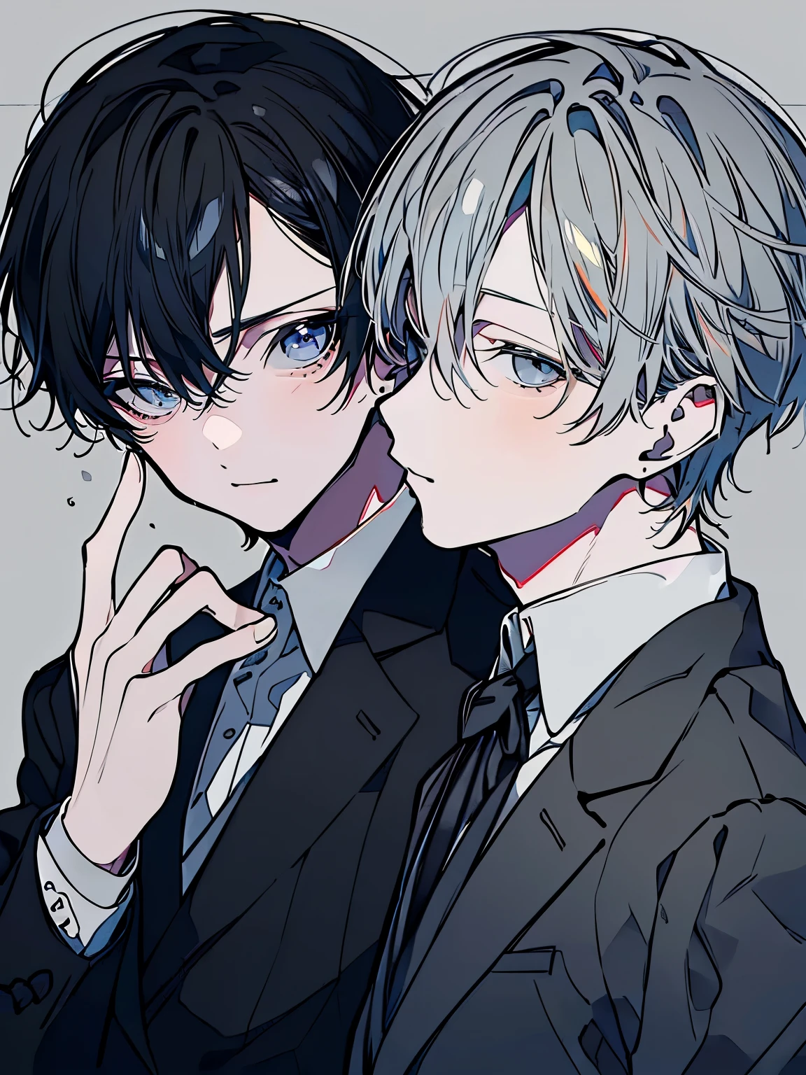 (Mastepiece), (Best Quality), Very detailed, ((Two friendly men)), Perfect Face, Beautiful Face, Very detailed顔,(Black-haired man:1.3),(Grey-haired man:1.3),suit,shirt