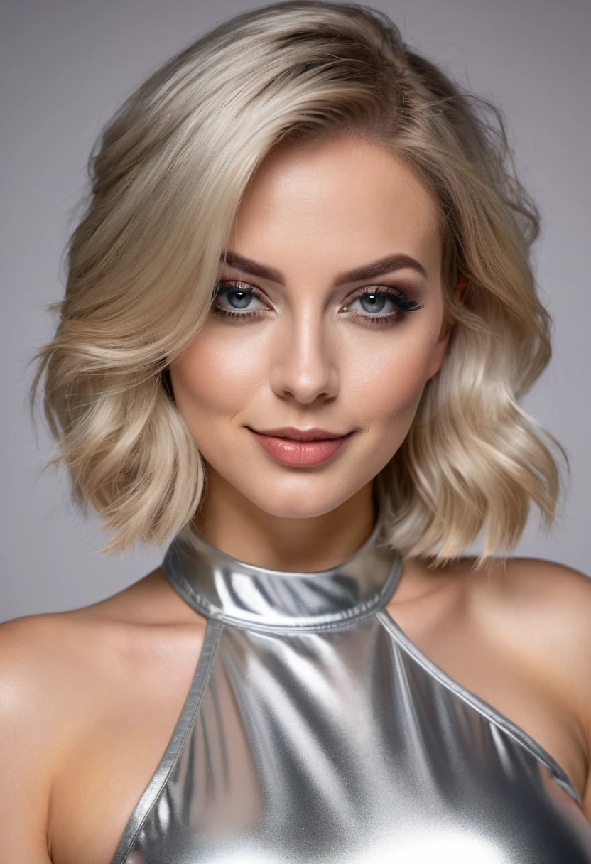 hyperrealistic beautiful busty 30-year-old women in ultra shiny silver jumpsuit, model shooting mugshot photography, dyed blonde classic bob, dark eye makeup with eyeliner, seductive smile, 8K, best quality, Meisterwerk, ultra high resolution, (Realismus: 1.4), Originalfoto, (realistische Hautstruktur: 1.3), (Filmkorn: 1.3), (Selfie-Winkel), 1 girl, Beautiful eyes and facial details, Meisterwerk, best quality