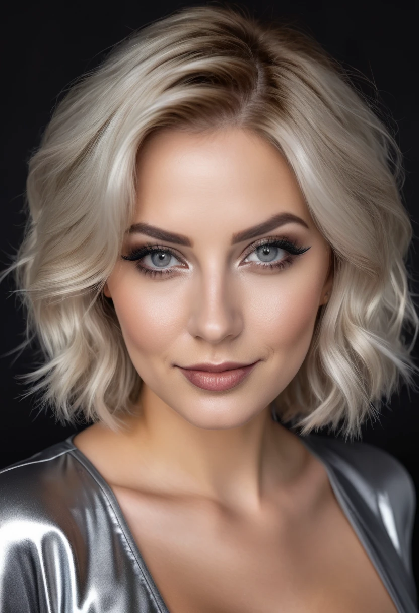 hyperrealistic beautiful busty 30-year-old women in ultra shiny silver jumpsuit, model shooting mugshot photography, dyed blonde classic bob, dark eye makeup with eyeliner, seductive smile, 8K, best quality, Meisterwerk, ultra high resolution, (Realismus: 1.4), Originalfoto, (realistische Hautstruktur: 1.3), (Filmkorn: 1.3), (Selfie-Winkel), 1 girl, Beautiful eyes and facial details, Meisterwerk, best quality