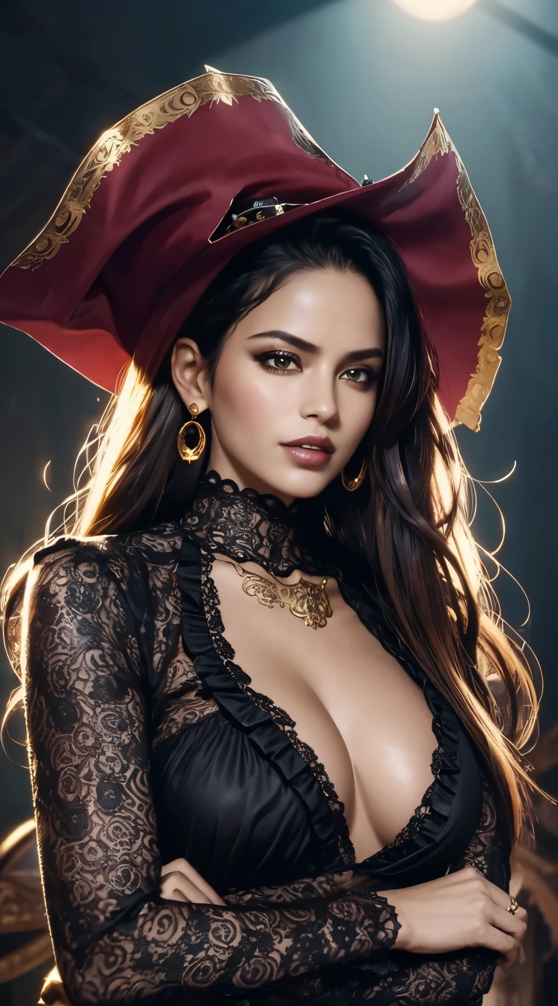 (best quality,ultra-detailed),pirate woman with open blouse showing her beautiful breasts,seductively posed,mesmerizing eyes,fierce expression,wind blowing through her hair,pirate hat,ornate earrings and necklaces,detailed lace and ruffles on blouse,dark and mysterious background,teeth sparkling with gold,tattoos on her arms and chest,light shining on her face, emphasizing her features,realistic oil painting style,vivid colors with deep shadows and highlights.