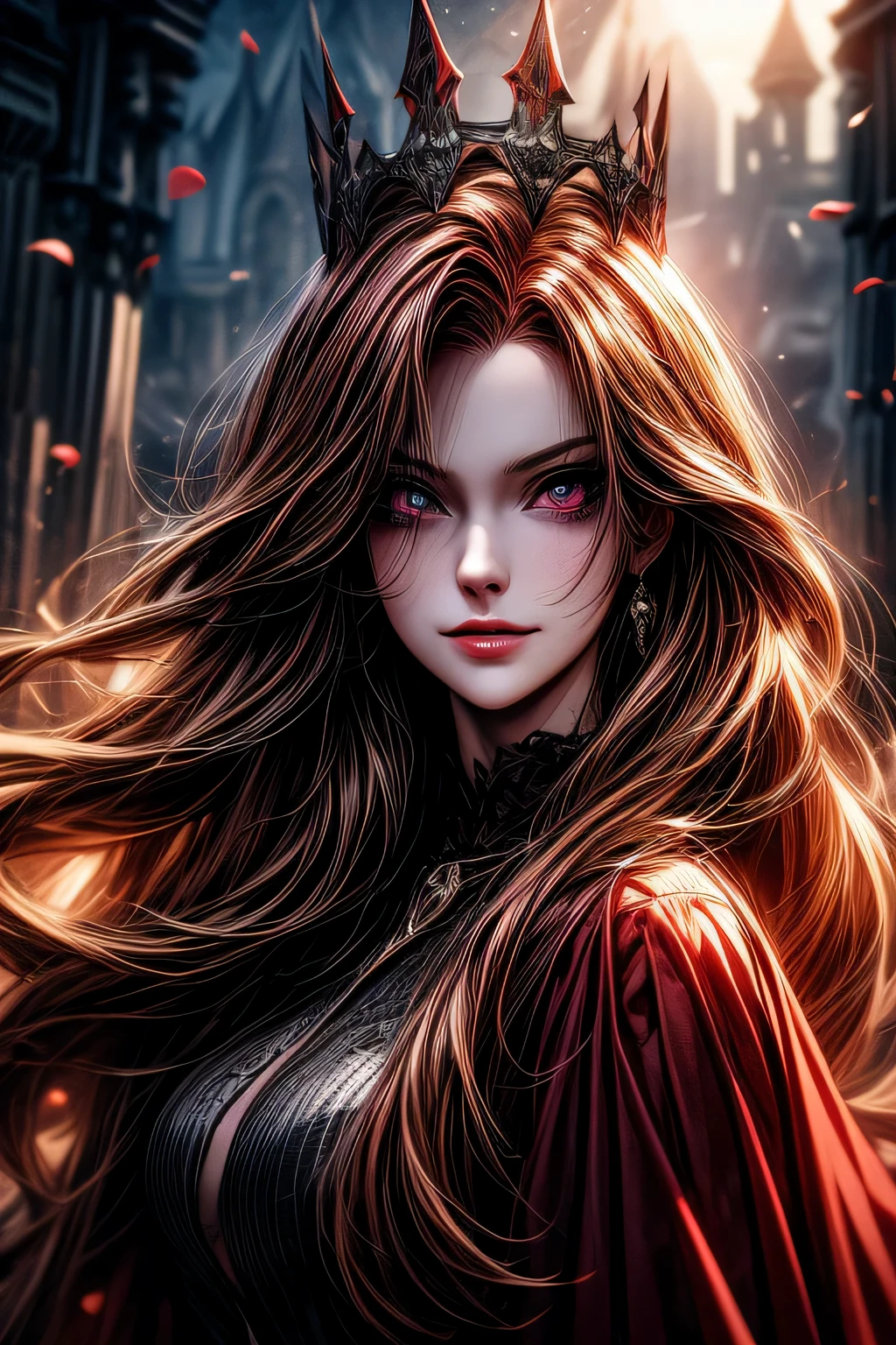 Blood-eyed Princess of Darkness, Redhead, Crown, Wicked Smile, Anime Style, Lens flare, Attention to detail, First Person View, Cinema Lighting, masterpiece, Super Detail, highest quality, 8k, Ultra-high resolution