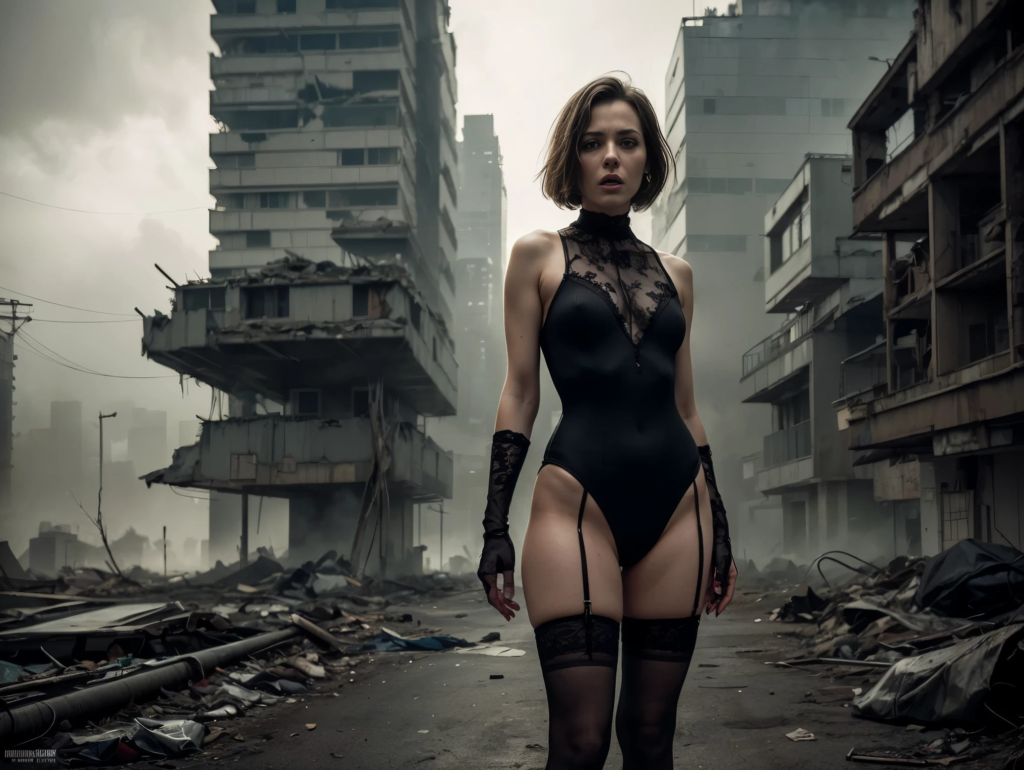 (Best Quality,hight resolution:1.2), vicious cyberpunk woman,Pronounced wrinkles,Bob haircut,(futuristic leotard:1.05),lace blouse,(lace stockings with garters), standing, (in a post apocalyptic scenario:1.2),expression of despair,Dark and moody lighting, The pose expresses a somber ecstasy,