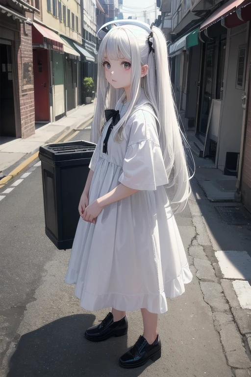 ((masterpiece, best quality)),a girl, solo, dress, standing, halo, alley, outdoors, bangs, white dress, white hair, long hair, black footwear, industrial pipe, looking at viewer, air conditioner,dark lighting, garbage, garbage bin, hxh2011 