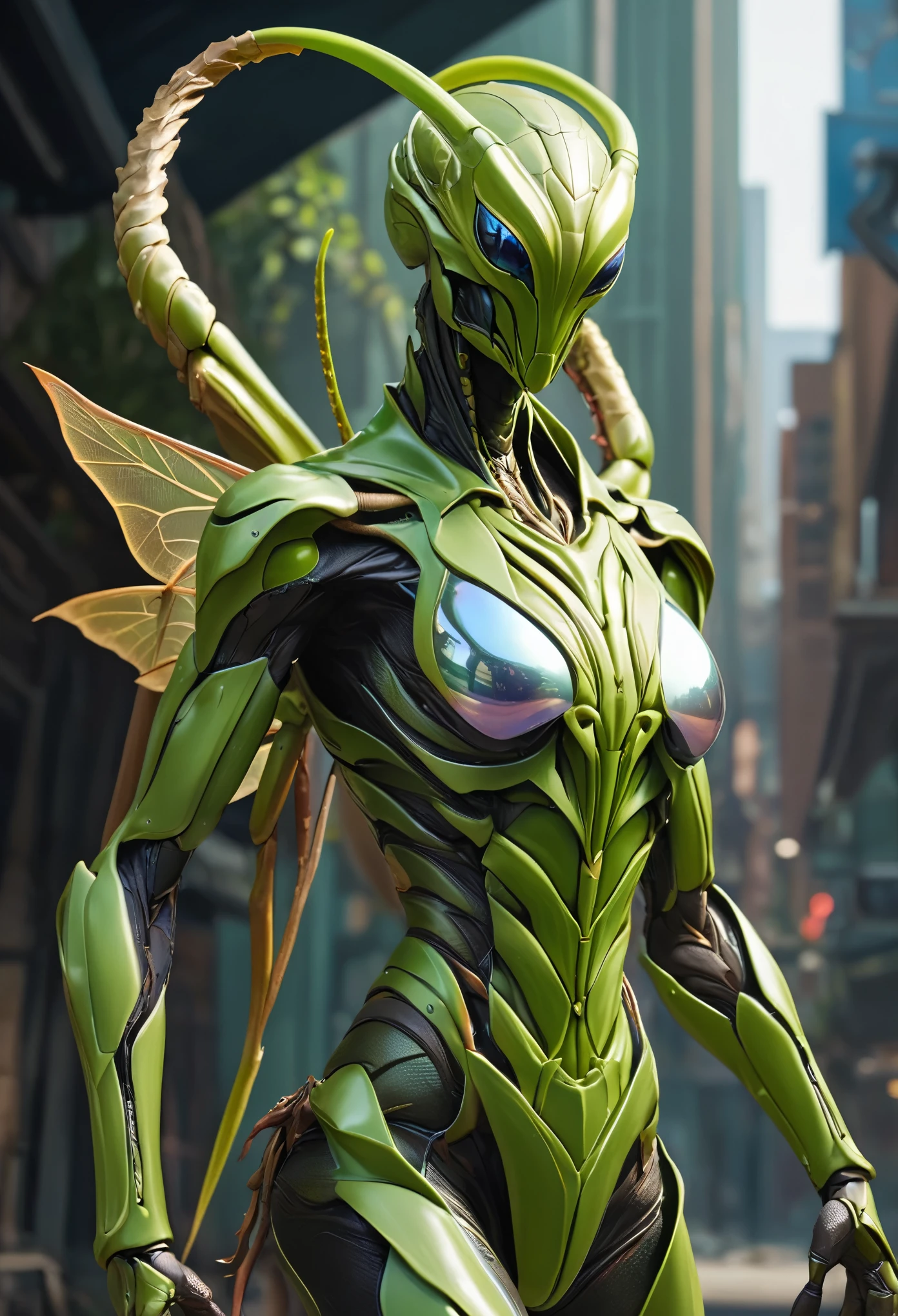 (best quality,4k,8k,highres,masterpiece:1.2), ultra-detailed, (realistic,photorealistic,photo-realistic:1.37), In the realm where human ingenuity meets the primal ferocity of nature, a hybrid monstrosity known as the "Mantihuman-female" roams, a fusion of human and mantis in a terrifying amalgamation.
At first glance, the Mantihuman appears as a distorted humanoid figure, but upon closer inspection, its insectoid traits become unmistakable. Its torso and limbs are adorned with a sleek, iridescent exoskeleton, a seamless blend of human musculature and mantis-like armor. Sinewy muscles ripple beneath its chitin, granting it both strength and agility beyond human limits.
The creature's head is a grotesque fusion of human and mantis features, with bulging compound eyes dominating its visage, each reflecting the world around it with uncanny precision. Its mouthparts, sharp and serrated, click together in anticipation, ready to deliver a lethal strike with deadly precision.
From its shoulders extend a pair of formidable mantis-like forelimbs, each tipped with razor-sharp scythes capable of rending steel with ease. These limbs can fold back against its body when not in use, giving the illusion of normal human arms until the moment of attack.
Despite its monstrous appearance, there remains a haunting semblance of humanity in the Mantihuman's form. Its torso retains the shape of a human chest, albeit covered in a layer of chitinous plating, and its lower limbs resemble those of a human, albeit with a slight angularity reminiscent of a mantis's stance. white skin, (NSFW:1.3)
