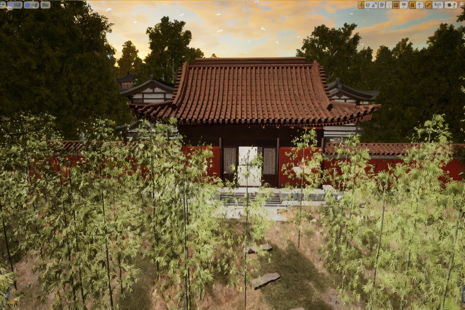 Ancient Chinese architecture, Simple colors, Cool colors, Night, garden, bamboo, lake, Stone Bridge, rockery, arch, corner, wood, Water Flow, landscape, outdoor, Fall, Grass, rock, Dental density, (number: 1.0), Magnificent composition, HD detailed, masterpiece, best quality, (Highly detailed CG Unity 8k wallpaper) - Six o'clock'bell