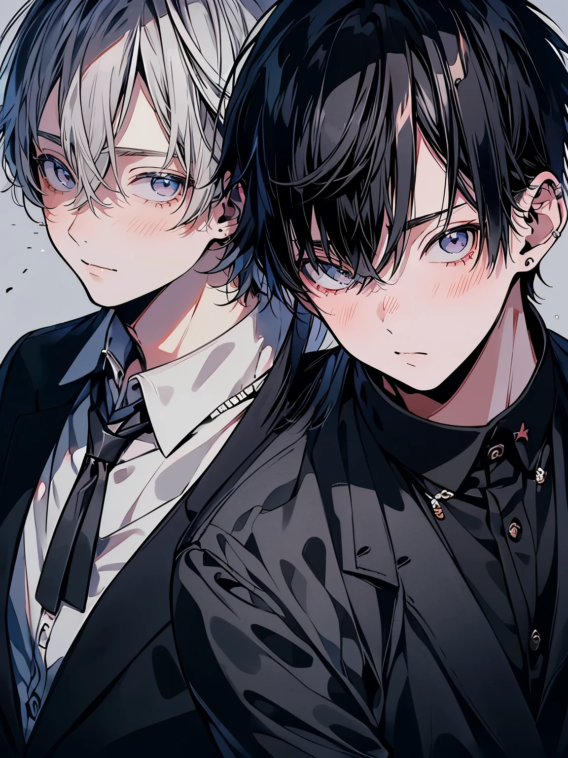 (Mastepiece), (Best Quality), Very detailed, ((Two friendly men)), Perfect Face, Beautiful Face, Very detailed顔,(Black-haired man:1.3),(Grey-haired man:1.3),suit,shirt