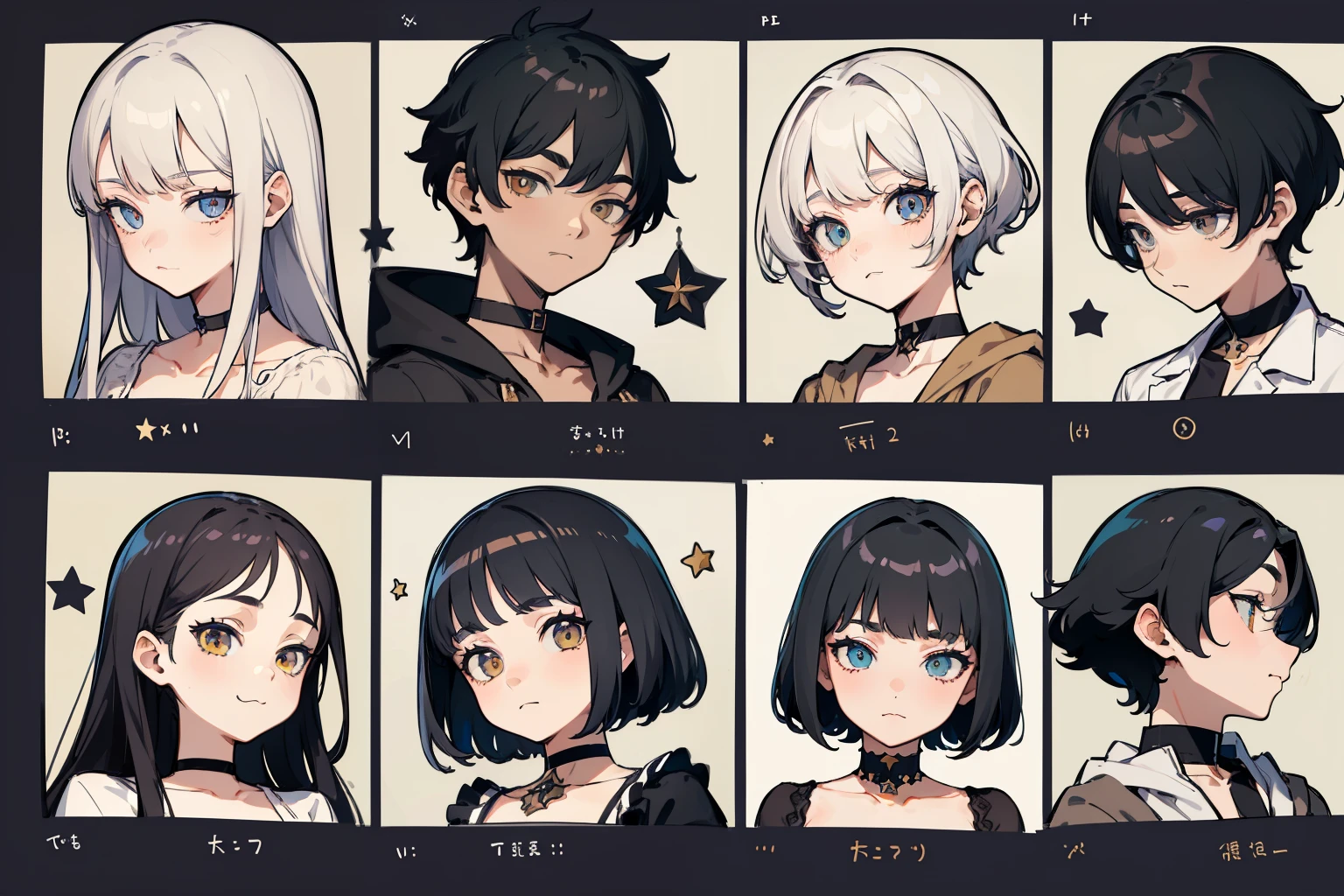 ((Masterpiece, Highest quality)), Detailed face, grey hair,Black pick dye,amber eyes, character sheets, full bodyesbian, Full of details, Multiple poses and expressions, Highly detailed, Depth, Many parts, 1boys , Children all over the body :3, mitts, Stockings, Black choker, The eye, Star (symbol), pupils in symbol shapes