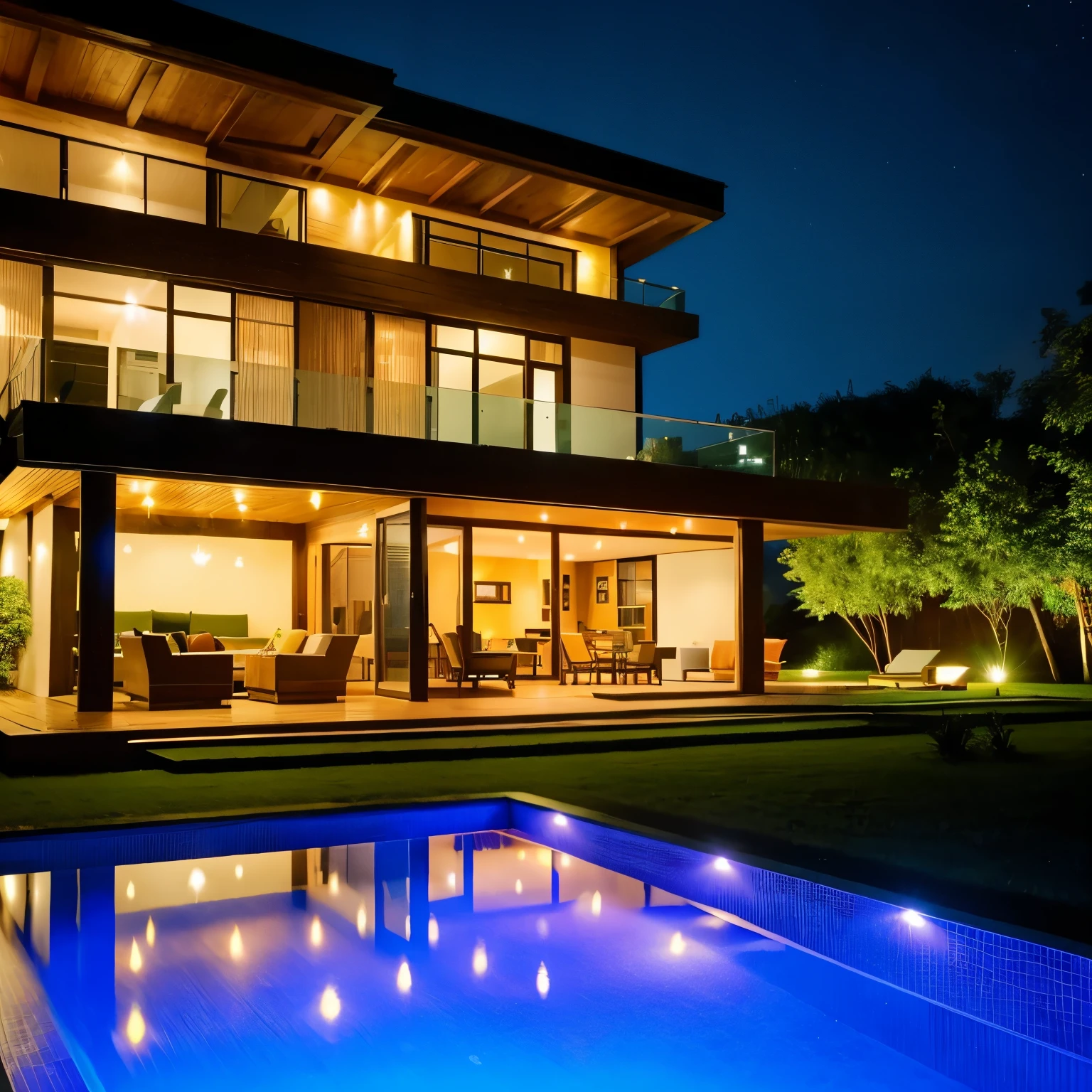 large wooden villa, The big 2nd floor is glazed, L-shaped sofa, terrace, a pool lighted up colorfully, night, a lot of star, huge open space, surrounded by green nature, photo realistic