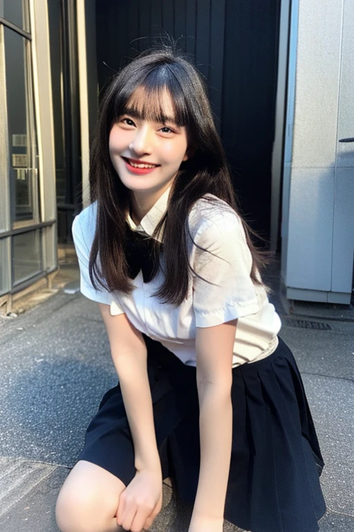 (RAW Photos, highest quality), (Realistic, Photorealistic:1.3), Mastepiece, 非常にDelicate and beautiful, Very detailed, wonderful, In detail, A light smile, Very detailedな CG Unity 8k 壁紙, Large file size, Very detailedな, High resolution, Delicate and beautiful 、Sheer white shirt、Navy blue ribbon on collar、Dark blue pleated micro mini、Pink Lingerie、sexy、Laughter、Looking into the viewer、Beautiful graphics、A bright school building with strong sunlight streaming in、Body Complete、Sit、squat、Show me your plump panties、White Sox、(Low - Angle、)、