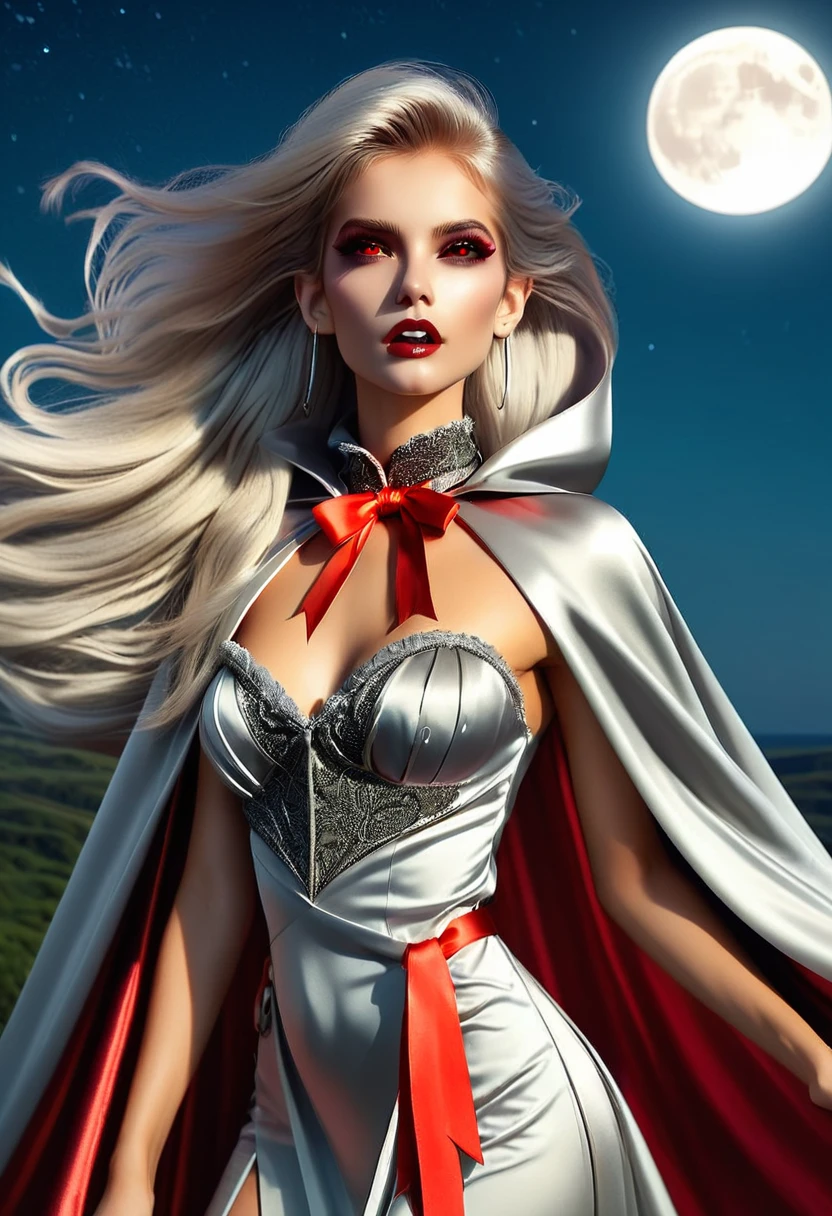 Vampyfangs(RAW Photo) , (highly detailed:1.20) , ultra realistic :1.10) ,sexy girl in her 20s , (perfect face:1.20) , (detailed red eyes:1.20) , with long silver hair in ponytail , (((long silver satin cape tied at the neck with a ribbon :1.20))) , naked , full body, standing on windy hilltop at night , full moon , high-quality ultra realistic style, detailed eyes, professional, expressive , 8K , highly detailed , professional,