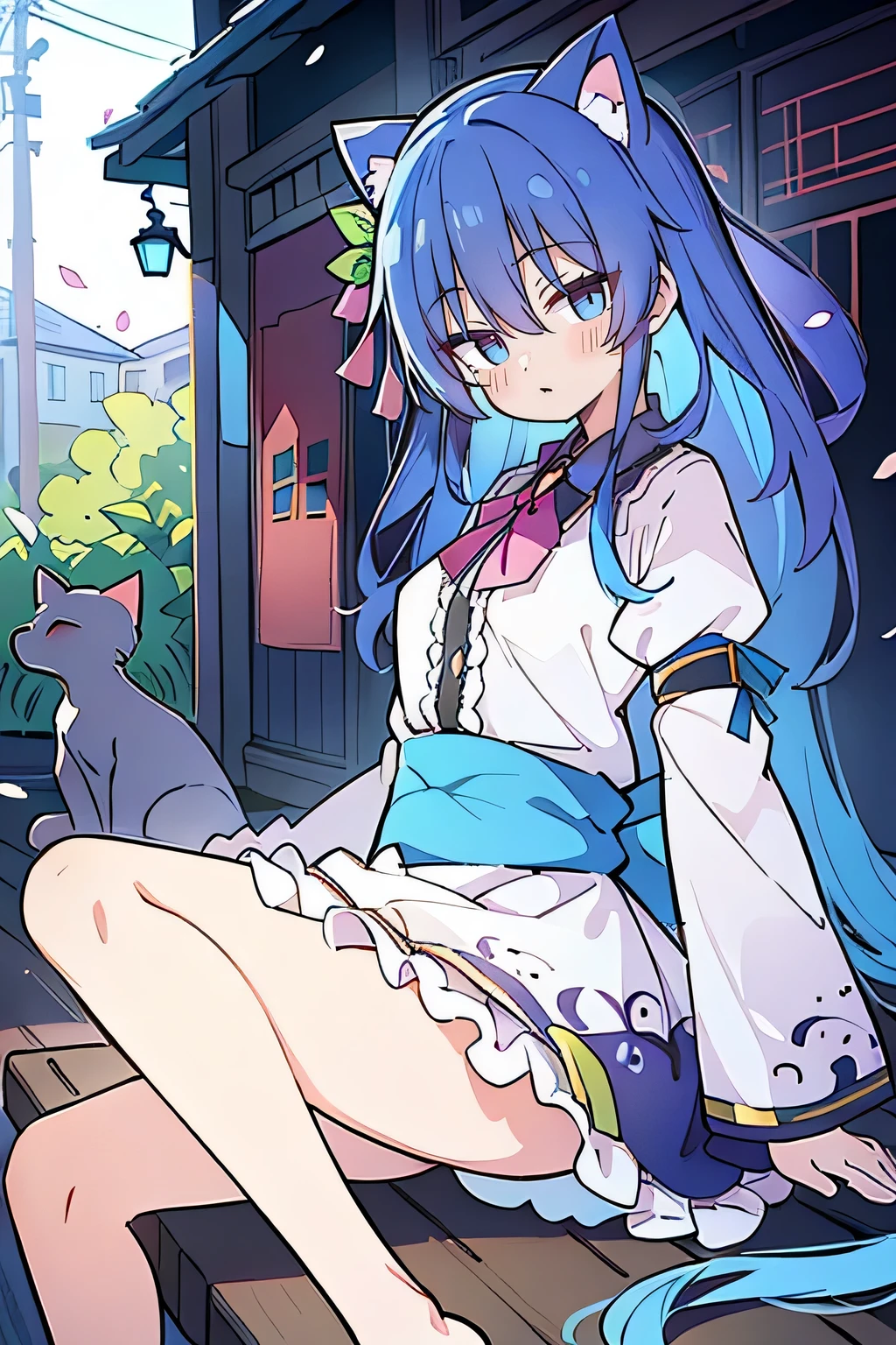 (masterpiece:1.2),ultra-detailed,realistic,expressive eyes,fair-skinned,perfectly shaped face,1girl,
Japanese cartoons,Gorgeous blue hair, flowing blue hair,floating clothes,cat ears,petals falling,beautiful Lola,Hina Angel,
hands on waist,gracefully sitting on the ground,legs crossed,gentle and serene background,cool and comfortable pavilion.