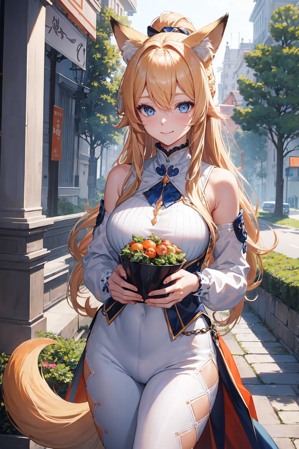 masterpiece, best quality, ultra-detailed, beautiful lighting, Woman, tight jeans, blonde hair, (blue eyes:1.3), (white sweater:1.2), turtleneck, standing up, in park, beautiful scenery, blonde hair, french braid, hair behind ear, hime cut, very long hair, heart-shaped pupils, animal ears, fox ears,"long orange fox ears with black tips", covering ears, kemonomimi mode, seductive smile,tail emanating(9 tails fox),huge , large hips,fully clothed, no nswf,
