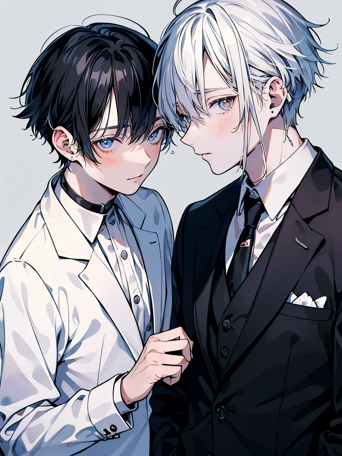 (Mastepiece), (Best Quality), Very detailed, ((Two friendly men)), Perfect Face, Beautiful Face, Very detailed顔,(Black Haired Man:1.3),(Man with white hair:1.3),suit,shirt