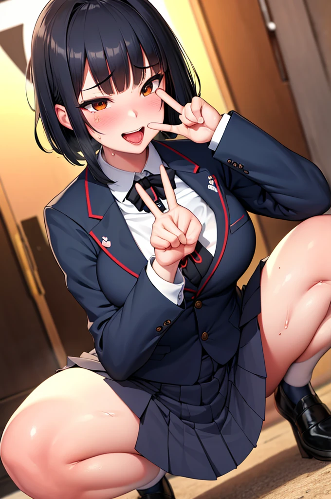 (nsfw),masterpiece,ultra detailed,sharp focus,4k digital art,high resolution,3d anime,(peace sign,v sign with both hands:1.5),(aroused and suffering:1.5),bukkake,(adult face,curvy female),(face focus:1.2),navy blazer,pleated skirt,bow tie,(black hair,medium straight hair),tongue,at (at public park,outdoor:1.1),night,bush,night light,(sweaty:1.2),grinning,cum on face,(trembling,flying heart-shapes),(squatting and spreading legs),open mouth,pubic hair