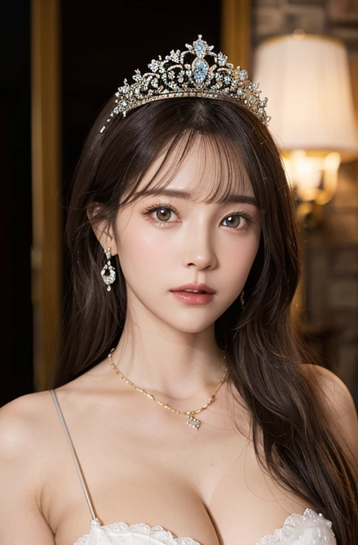 Princess , in castle , detailed hand , high quality, super quality, detailed face, beautiful woman , golden eyes, long hair , mega breast , gorgeous dress, tiara, necklace , earring , sharpe eyebrow ,