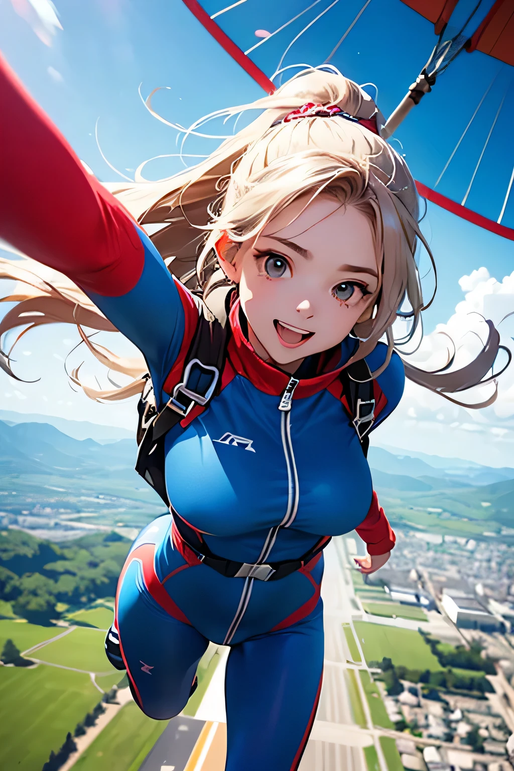 highest quality、High resolution、Detailed Background、Beautiful face in every detail、Anatomically correct、(Draw a normal number of fingers:1.2)、(Detailed facial expressions:1.2)、Teenage beauty、Huge breasts、Perfect body line、Cute color hair color、Braided long hair、Braided Ponytail、Braided Hairstyles、Wavy Hairstyle、well-groomed eyebrows、Super height、Cowboy Shot、

(Two beautiful girls excited enjoying thrilling activities at super height:1.5)、

I&#39;m extremely excited、Ultra high tension、Uplifting、
I'm very excited the moment an airplane door is opened and I'm thrown into the air、
The strength of the wind and the sense of altitude The feeling of free fall you experience for the first time heightens the excitement、
The free fall from jumping off an airplane until the parachute opens is thrilling and excited-boosting、
You can test your own limits and courage while feeling the feeling of falling at a high speed and changes in the surrounding scenery、
The moment the parachute opens after completely turning from free fall, the speed decreases all at once and it shifts to a quiet atmosphere、this moment is a mixture of excitement and relief、
After the parachute opens, you can enjoy the feeling of slowly flying through the air、
The feeling of floating in the wind and taking a walk in the air while admiring the beautiful scenery also heightens the excitement、
The last step in skydiving is the moment you land safely on the ground、
You can enjoy the excitement by using a parachute to glide and timing your landing、
The skydiving experience will give you the excitement and excitement you'll never forget、

Let's jump together and make memories in the air with two or more partner jumps, such as couples or parents、
The pets we skydive with are cute too、
If you prepare the right equipment such as a small dog or cat and jump together, the pet's facial expressions and reactions are fun、
A group that skydives with friends and friends coexists with cuteness and fun、
The sight of everyone jumping into the air together is so colorful and cute、
You can also choose cute characters and colorful patterns to design your parachute、You can enjoy loveliness and excitement at the same time as the sight of big cute characters and patterns spreading in the air、
Skydiving is a thrilling and adventurous activity, but don't forget to incorporate smiles and cuteness、

Pair a sporty top with colorful shorts、
Choose bright colors or patterns for tops、
A freestyle jumpsuit is the perfect item for skydiving、
You can show off your cuteness by choosing a design with a colorful pattern or embroidery、
Pair an oversized t-shirt with colorful leggings、
Choose T-shirts with cute characters or logos printed on them、
Choose sporty sneakers that are comfortable to wear、
It's stylish and cute when you incorporate accessories such as caps and sunglasses、
Don't forget to choose the right equipment to ensure ease of movement and safety