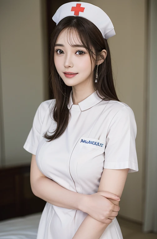 (The Ultimate Beautiful Japan young Woman), hyper-detailed face, Detailed lips, long hair, (grin)、(White Molded Teeth), (cparted lips), ((Wearing a nurse's white uniform:1.4))、((large full breasts)), thighs thighs thighs thighs、(Cowboy Shot:1.3), Perfect fit, depth of fields、Perfect image realism、Meticulous background, detailed costume, Perfect litthing、Hyper-Realism、Photorealsitic、8K maximum resolution, (masterpiece), ighly detailed, Professional, hospital , wear closed , gorgeous face , golden eyes , standing