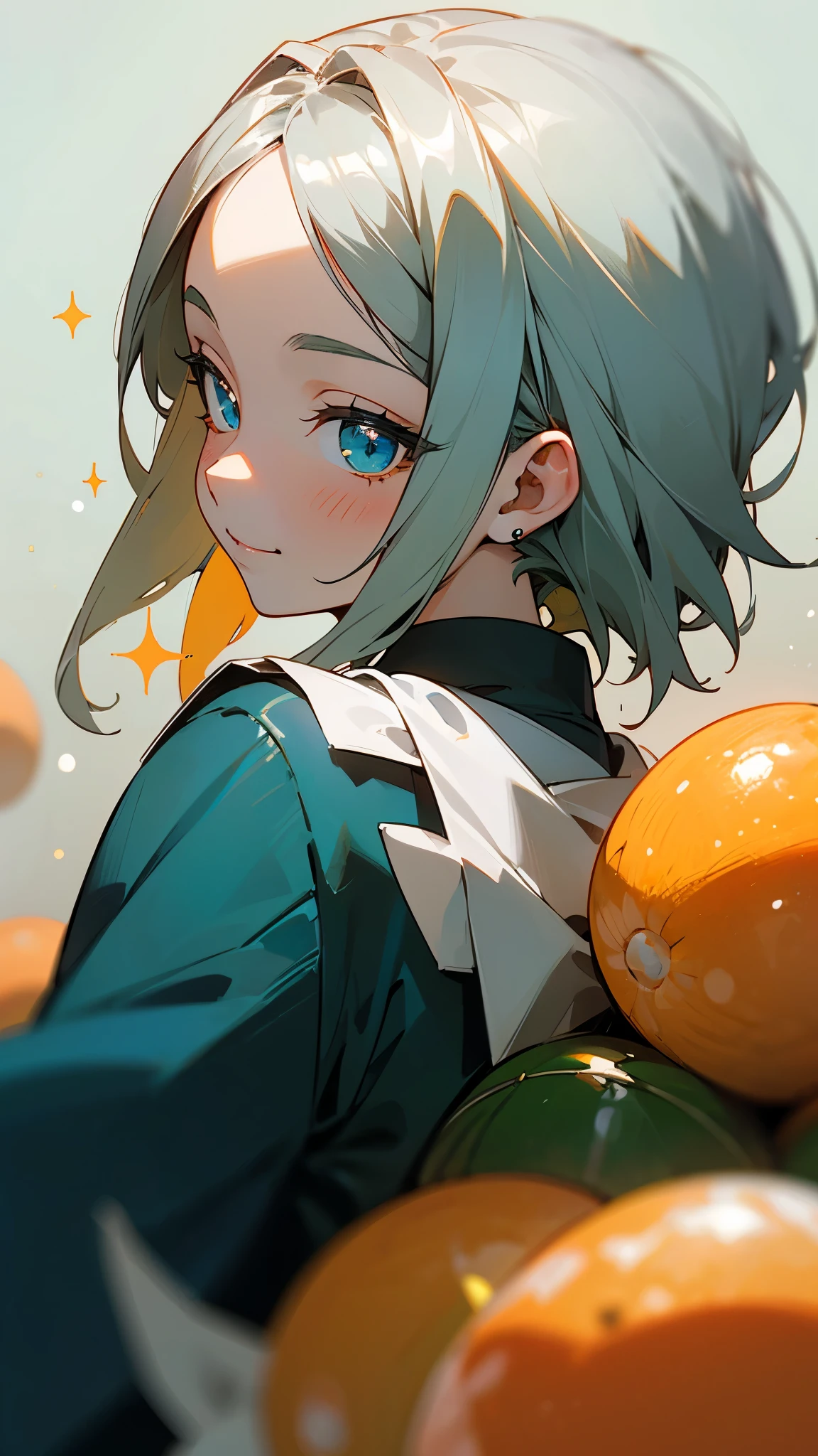 16-year-old girl、Anime style painting、Upper body close-up、smile、From the side, impression, (Oil), Green and orange tones、Silver Hair, (Sparkling blue eyes)、Eat rice balls、Delicate contours、Background blur, The depth of the drawn boundaries
