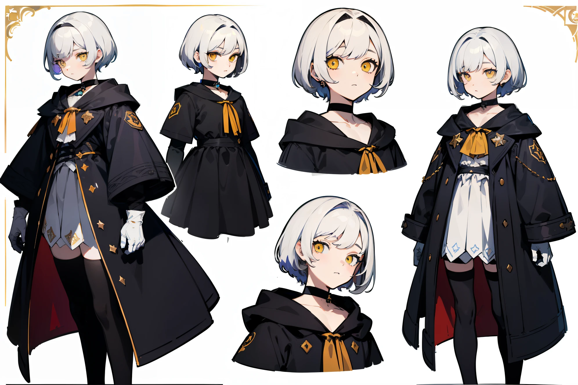 ((Masterpiece, Highest quality)), Detailed face, character sheets, full bodyesbian, Full of details, Multiple poses and expressions, Highly detailed, Depth, Many parts, 1boys , Children all over the body,White color hair,Black pick dye,Yellow eyeitts, Stockings, Black choker, The eye, Star (symbol), pupils in symbol shapes