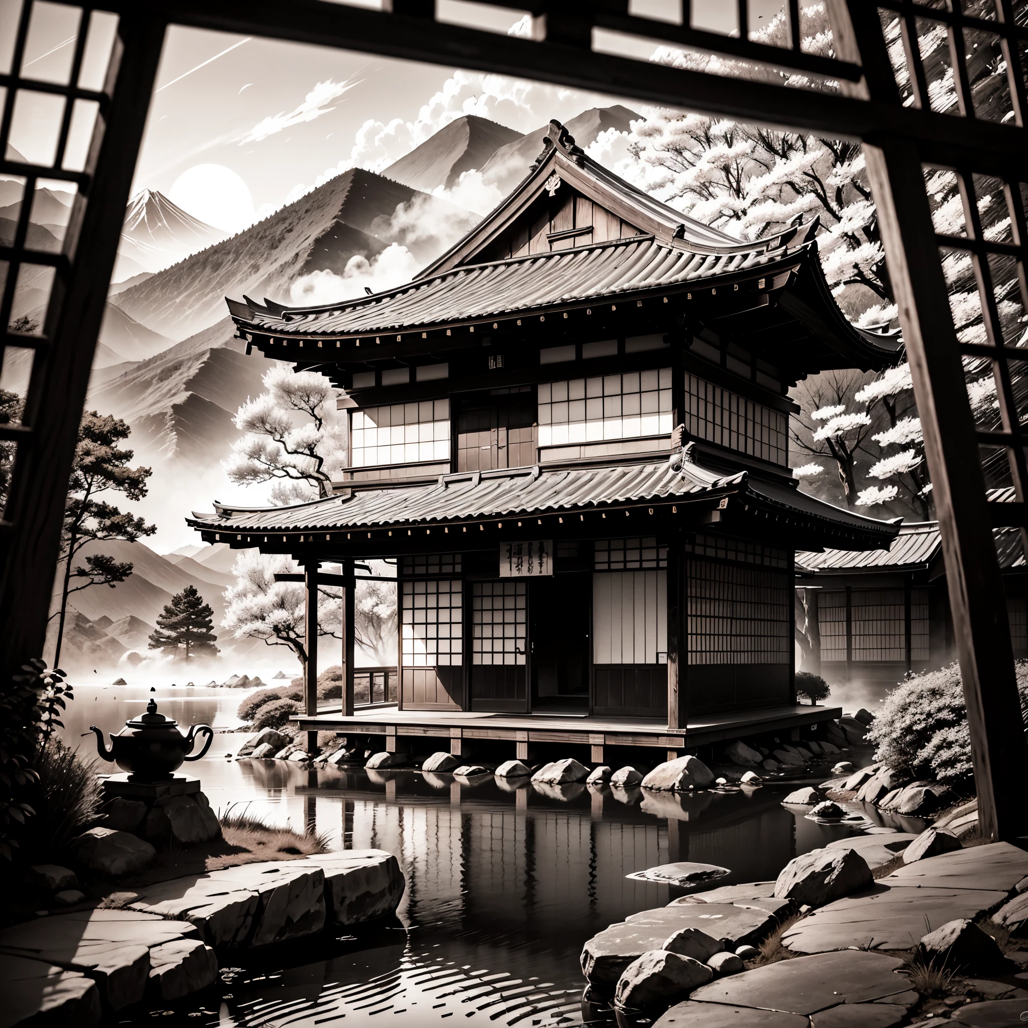 Description:
The image depicts a serene and picturesque Japanese landscape, capturing the essence of tranquility and natural beauty. In the foreground, a gracefully arched wooden bridge stretches over a gently flowing stream, adorned with vibrant red maple leaves, signifying the arrival of autumn. On either side of the stream, slender bamboo stalks sway gently in the breeze, their emerald green hues contrasting against the warm tones of the surrounding foliage.

In the middle ground, a traditional Japanese tea house sits nestled among a grove of cherry blossom trees, their delicate pink petals fluttering softly to the ground. Wisps of steam rise from a ceramic teapot on the tea house's veranda, hinting at the presence of a tranquil tea ceremony taking place within.

In the distance, rugged mountains rise majestically against the horizon, their peaks shrouded in mist. A solitary torii gate stands at the foot of the mountains, its vermilion hue a striking contrast against the verdant landscape.

The sky above is a canvas of soft pastel hues, with wispy clouds illuminated by the gentle glow of the setting sun. A sense of serenity pervades the scene, inviting viewers to immerse themselves in the timeless beauty of Japan's natural wonders.





