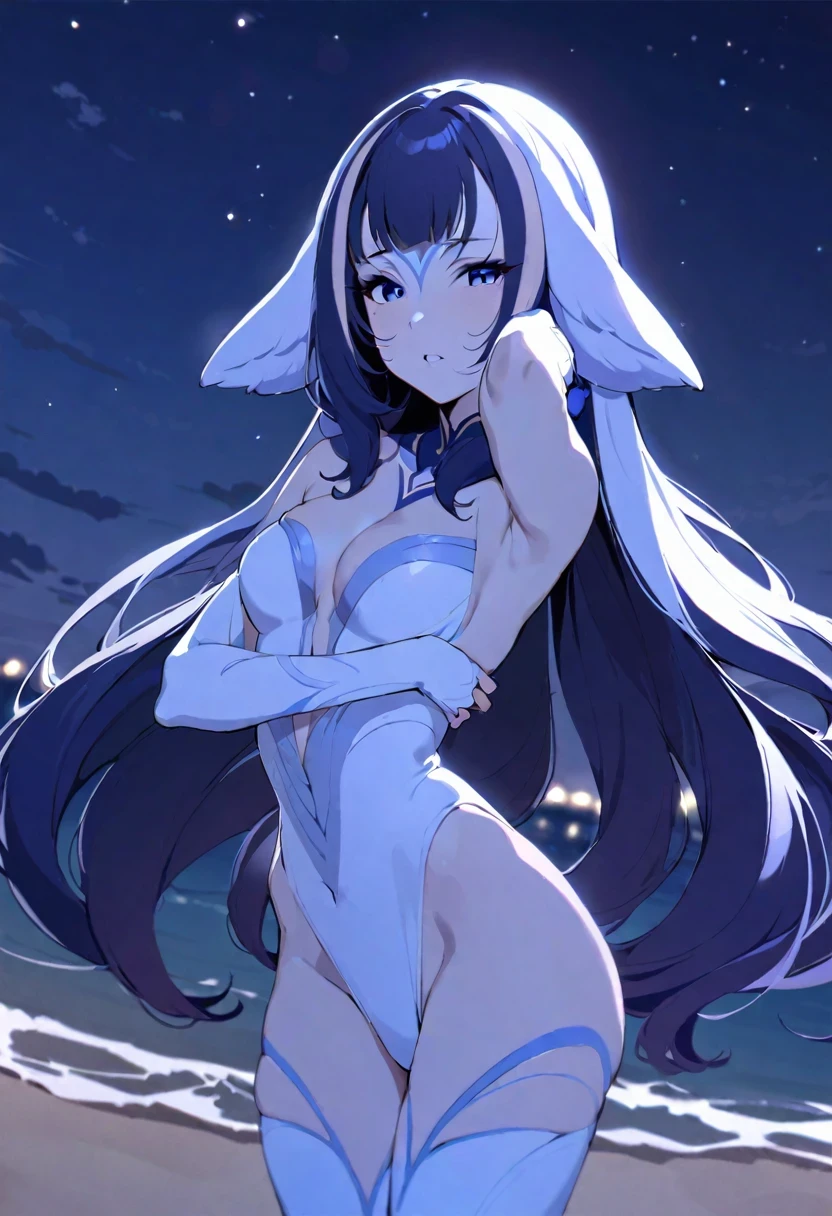 (shylily/(Twich/):1.5),(masterpiece:1.2),(best quality:1.2),, (1girl:1.3),Masterpiece, Best quality, Night, stars, On the beach,, incredibly_absurderes, the wallpaper, monochrome, traditional_Mediums, Girl, Long hair, Wavy hair, Small breasts, Revealing dress, white thighhighs, pendant, jewelry, Fingerless gloves, arms back behind ,