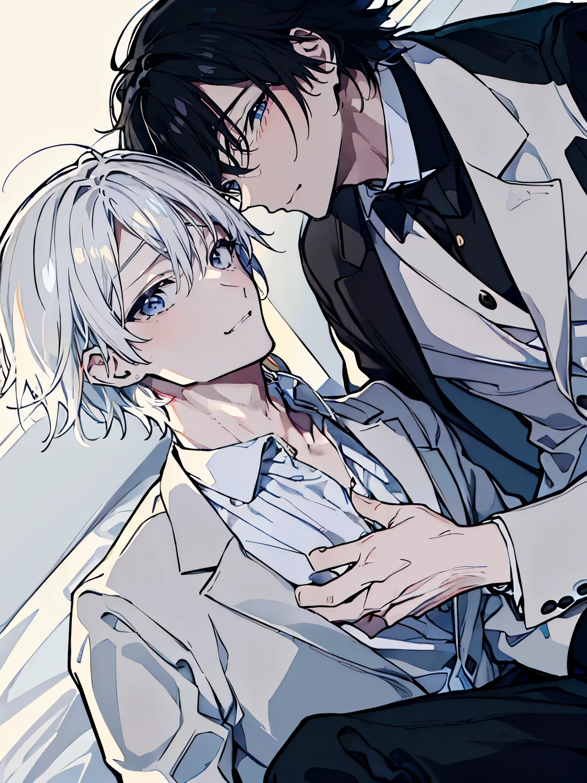(Mastepiece), (Best Quality), Very detailed, ((Two friendly men)), Perfect Face, Beautiful Face, Very detailed顔，(Black Haired Man:1.3)，(Man with white hair:1.3)，suit，shirt