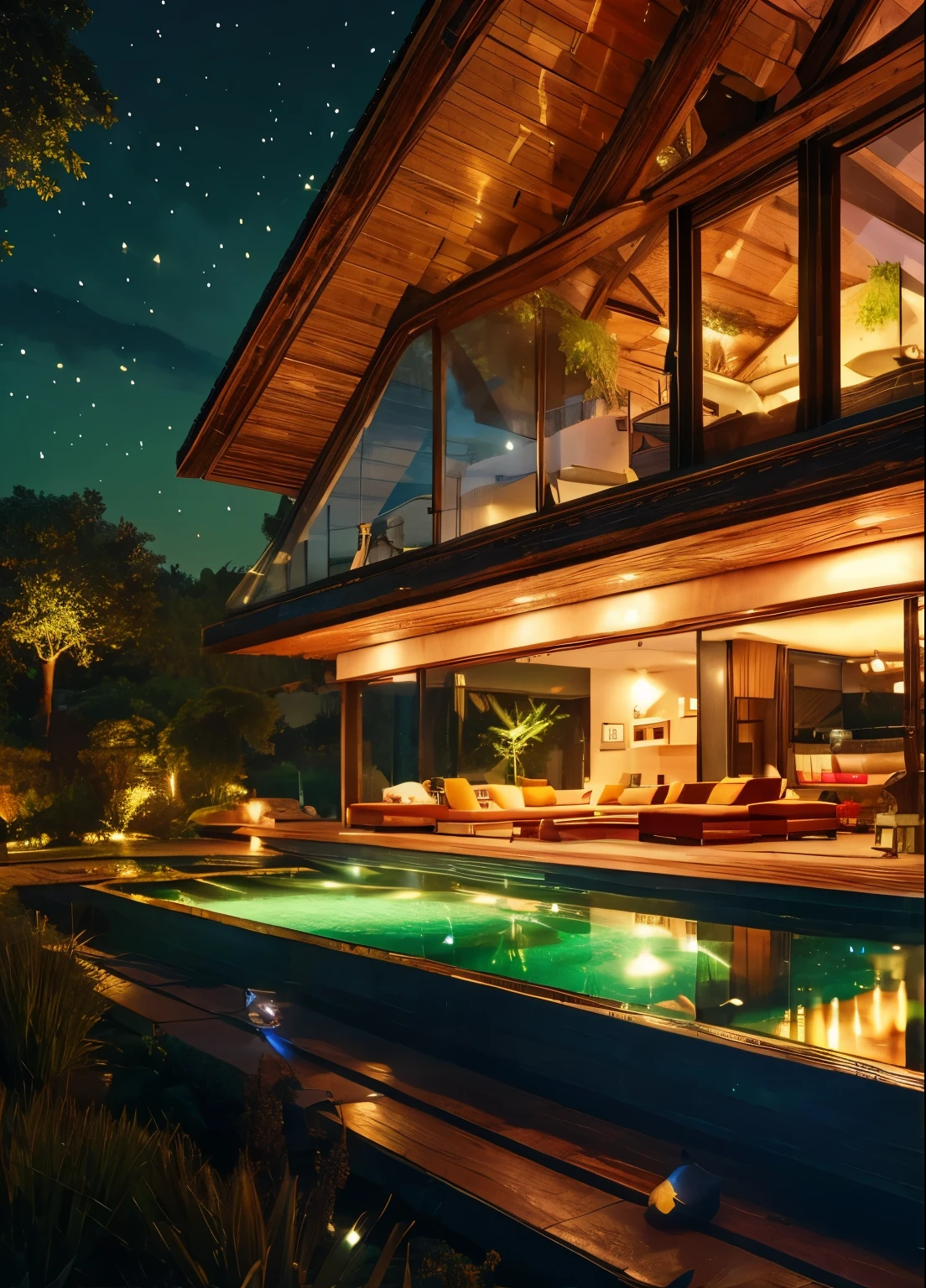 large wooden villa, The big 2nd floor is glazed, L-shaped sofa, terrace, a pool lighted up colorfully, night, a lot of star, huge open space, surrounded by green nature, photo realistic