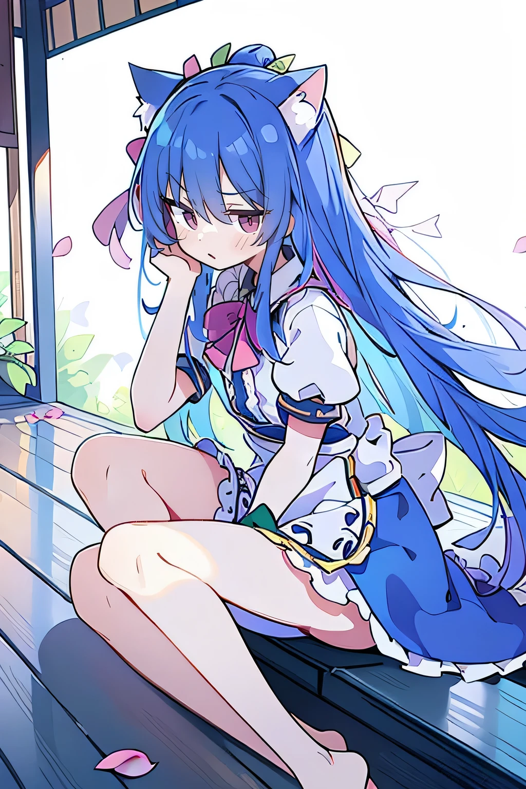 (masterpiece:1.2),ultra-detailed,realistic,expressive eyes,fair-skinned,perfectly shaped face,1girl,
Japanese cartoons,Gorgeous blue hair, flowing blue hair,floating clothes,cat ears,petals falling,beautiful Lola,Hina Angel,
hands on waist,gracefully sitting on the ground,legs crossed,gentle and serene background,cool and comfortable pavilion.