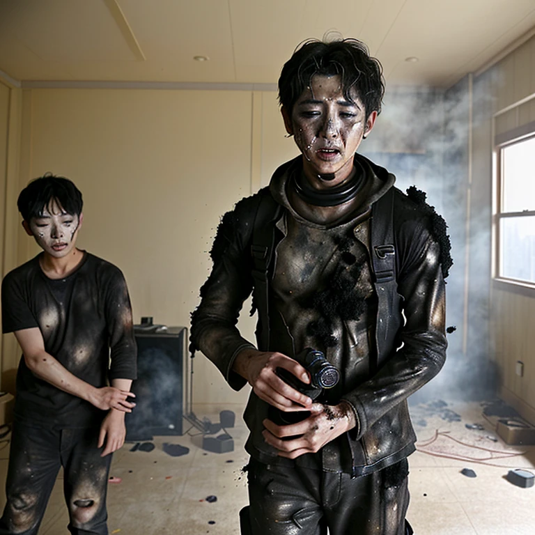 During the filming of the movie、Caught in the explosion of the set、Covered in soot and in tatters、 actor boy