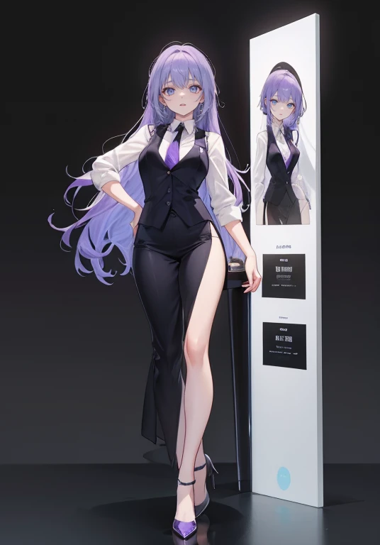 ((Perfect Face)),Purple Hair,voluminous long hair,1 female,bartender,suit,Black vest,Shirt with rolled up sleeves,tie,slit,High heels,,((Simple Background)),smile,((Full Body)),((full body)),Character portrait,VTuber,upright,,Both arms are down,Standing upright with face and body facing forward,