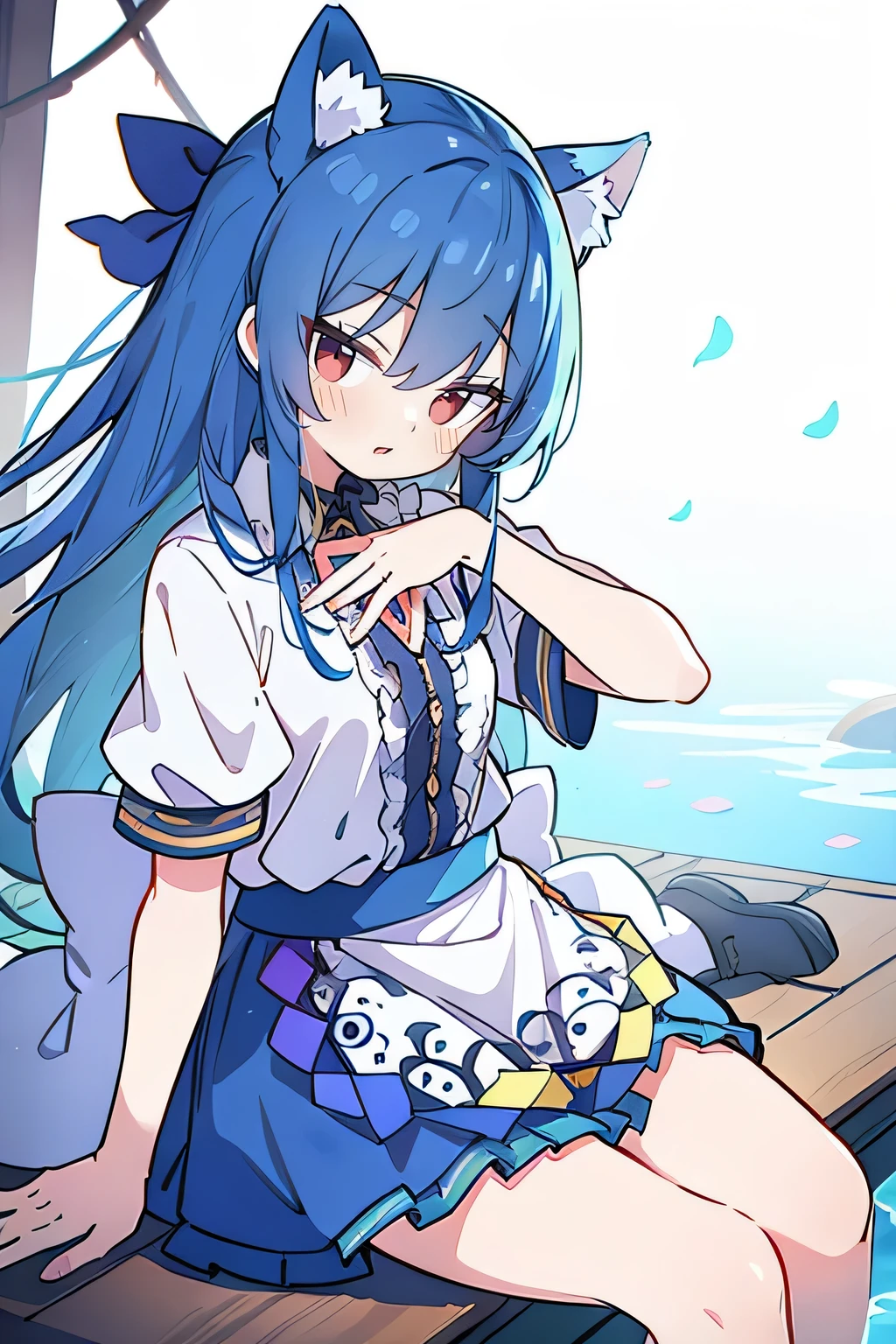 (masterpiece:1.2),ultra-detailed,realistic,expressive eyes,fair-skinned,perfectly shaped face,1girl,
Japanese cartoons,Gorgeous blue hair, flowing blue hair,floating clothes,cat ears,petals falling,beautiful Lola,Hina Angel,
hands on waist,gracefully sitting on the ground,legs crossed,gentle and serene background,cool and comfortable pavilion.