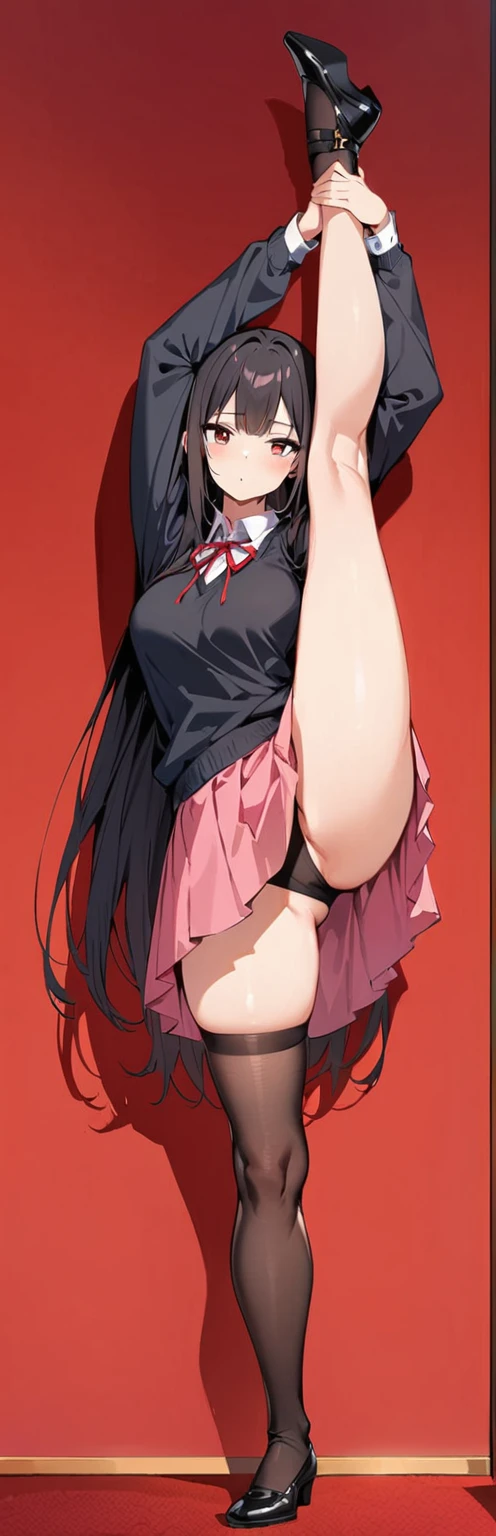 (masterpiece, highest quality:1.2), 1 girl, alone,Are standing_Split,
, Long Hair,black无袖短背心,Pink Skirt,black