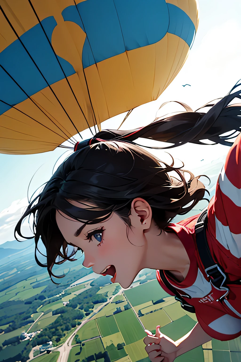 highest quality、High resolution、Detailed Background、Beautiful face in every detail、Anatomically correct、(Draw a normal number of fingers:1.2)、(Detailed facial expressions:1.2)、age beauty、Huge breasts、Perfect body line、Cute color hair color、Braided long hair、Braided Ponytail、Braided Hairstyles、Wavy Hairstyle、well-groomed eyebrows、Super height、Cowboy Shot、
(Two beautiful girls excited enjoying thrilling activities at super height:1.5)、
I'm extremely excited、Ultra high tension、Uplifting、
I'm very excited the moment an airplane door is opened and I'm thrown into the air、
The strength of the wind and the sense of altitude The feeling of free fall you experience for the first time heightens the excitement、
The free fall from jumping off an airplane until the parachute opens is thrilling and excited-boosting、
You can test your own limits and courage while feeling the feeling of falling at a high speed and changes in the surrounding scenery、
The moment the parachute opens after completely turning from free fall, the speed decreases all at once and it shifts to a quiet atmosphere、this moment is a mixture of excitement and relief、
After the parachute opens, you can enjoy the feeling of slowly flying through the air、
The feeling of floating in the wind and taking a walk in the air while admiring the beautiful scenery also heightens the excitement、
The last step in skydiving is the moment you land safely on the ground、
You can enjoy the excitement by using a parachute to glide and timing your landing、
The skydiving experience will give you the excitement and excitement you'll never forget、
Let's jump together and make memories in the air with two or more partner jumps, such as couples or parents、
The pets we skydive with are cute too、
If you prepare the right equipment such as a small dog or cat and jump together, the pet's facial expressions and reactions are fun、
A group that skydives with friends and friends coexists with cuteness and fun、
The sight of everyone jumping into the air together is so colorful and cute、
You can also choose cute characters and colorful patterns to design your parachute、You can enjoy loveliness and excitement at the same time as the sight of big cute characters and patterns spreading in the air、
Skydiving is a thrilling and adventurous activity, but don't forget to incorporate smiles and cuteness、
Pair a sporty top with colorful shorts、
Choose bright colors or patterns for tops、
A freestyle jumpsuit is the perfect item for skydiving、
You can show off your cuteness by choosing a design with a colorful pattern or embroidery、
Pair an oversized t-shirt with colorful leggings、
Choose T-shirts with cute characters or logos printed on them、
Choose sporty sneakers that are comfortable to wear、
It's stylish and cute when you incorporate accessories such as caps and sunglasses、
Don't forget to choose the right equipment to ensure ease of movement and safety