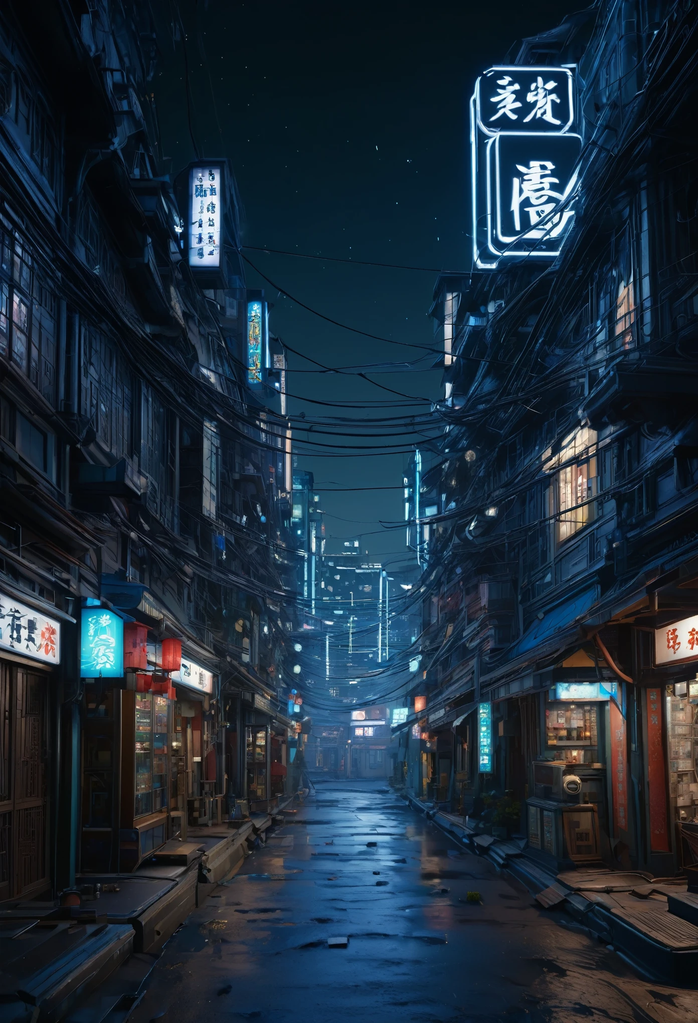 Cyberpunk city from sci-fi movie, empty street, night, chinoiserie buildings, old shop, irregular, circuit boards, wires, intricate, super detailed, realistic, hyper realistic, high quality, best, super detailed, crazy Detail, Very Detailed, Photorealistic, Epic Composition, Best Quality, 32k --v 6